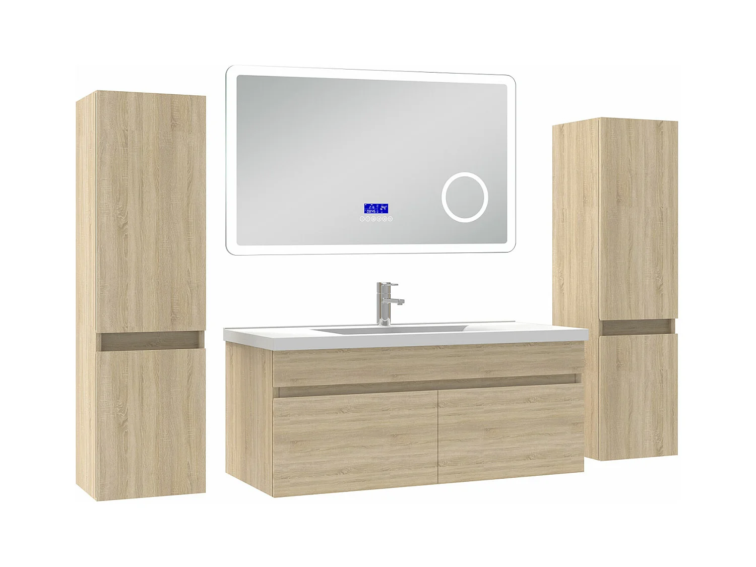 AICA Ensemble meuble Salle de Bain Chêne Wotan 100cm avec 2 colonnes, simple vasque et Led miroir dimmable avec 3 couleurs, Bluetooth et 3X grossissement.