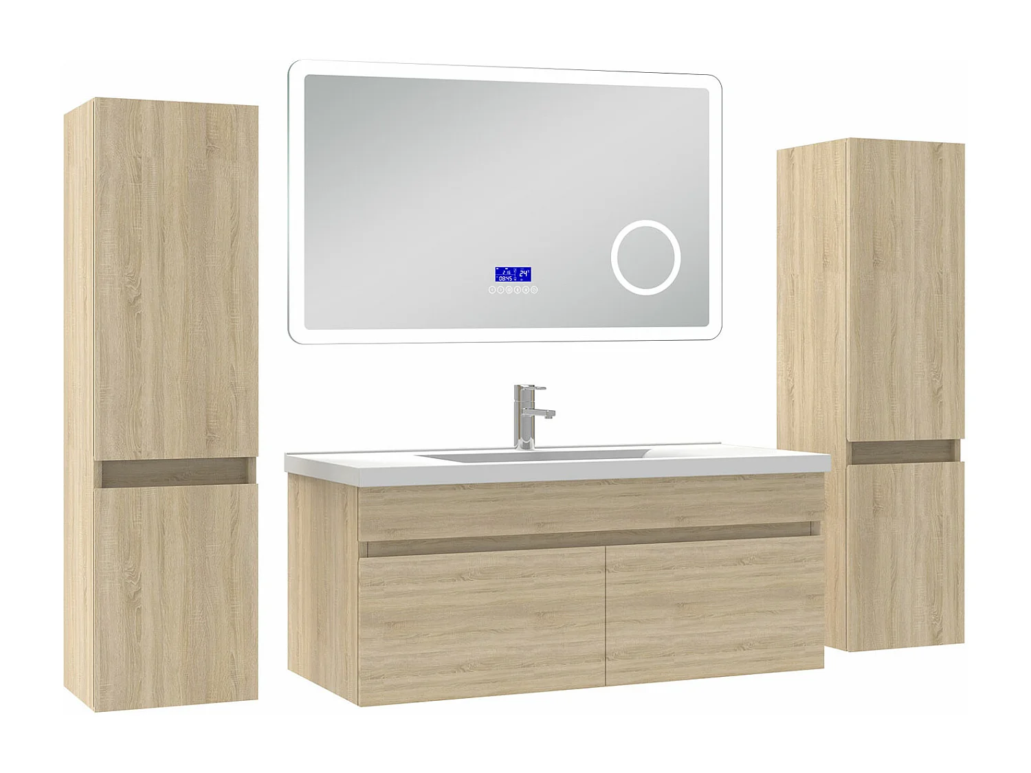 AICA Ensemble meuble Salle de Bain Chêne Wotan 100cm avec 2 colonnes, simple vasque et Led miroir dimmable avec 3 couleurs, Bluetooth et 3X grossissement.