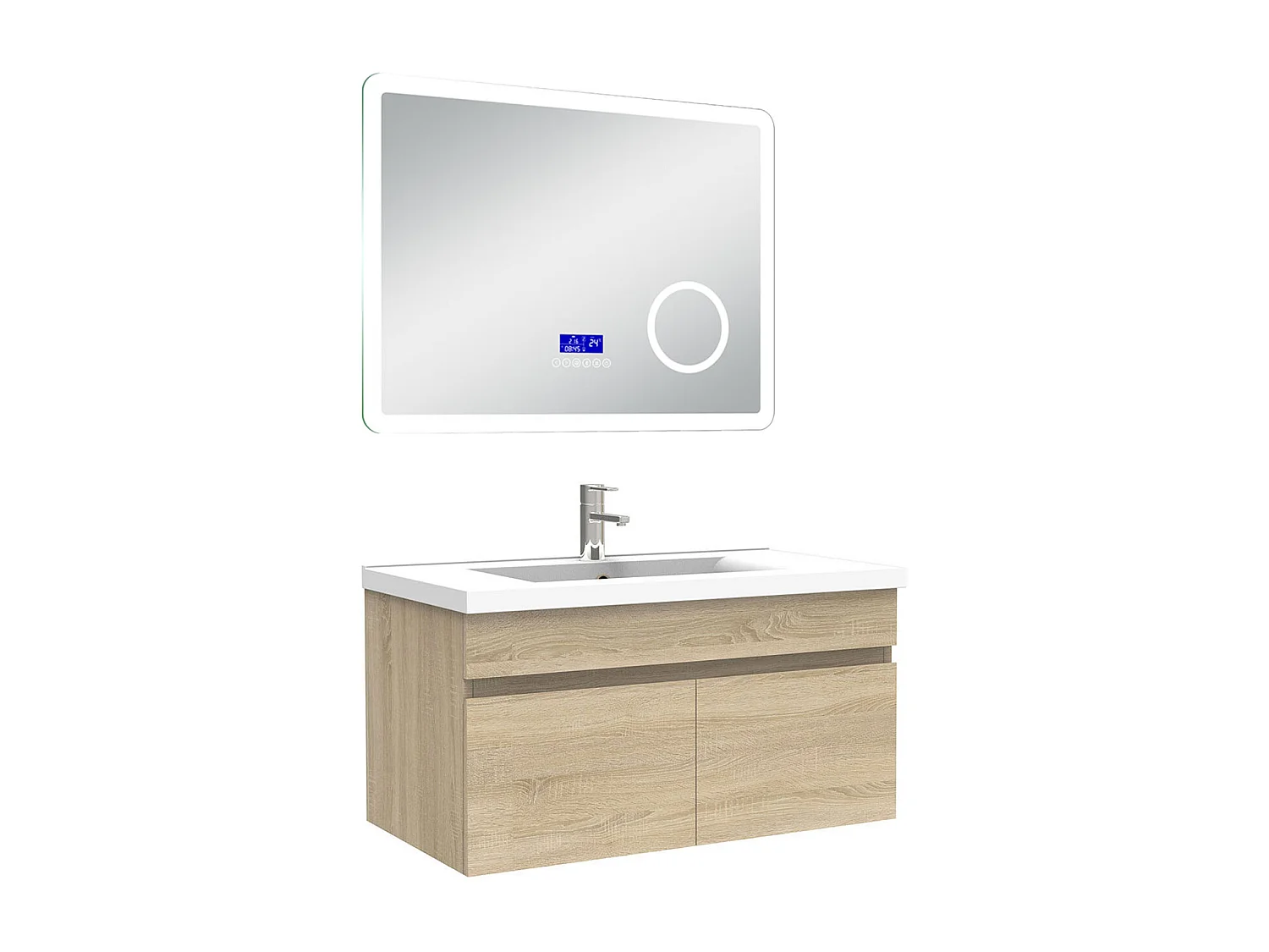AICA Ensemble meuble Salle de Bain 80cm Chêne Wotan avec simple vasque et Led miroir dimmable avec 3 couleurs+Bluetooth+3X grossissement