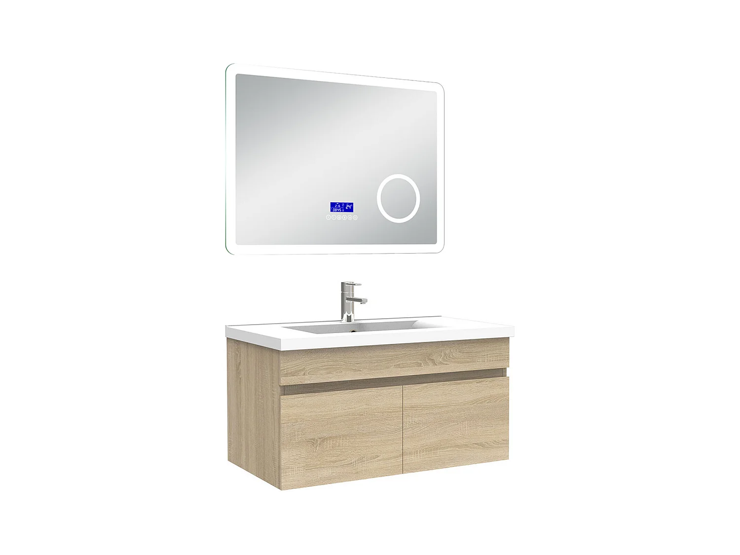 AICA Ensemble meuble Salle de Bain 80cm Chêne Wotan avec simple vasque et Led miroir dimmable avec 3 couleurs+Bluetooth+3X grossissement