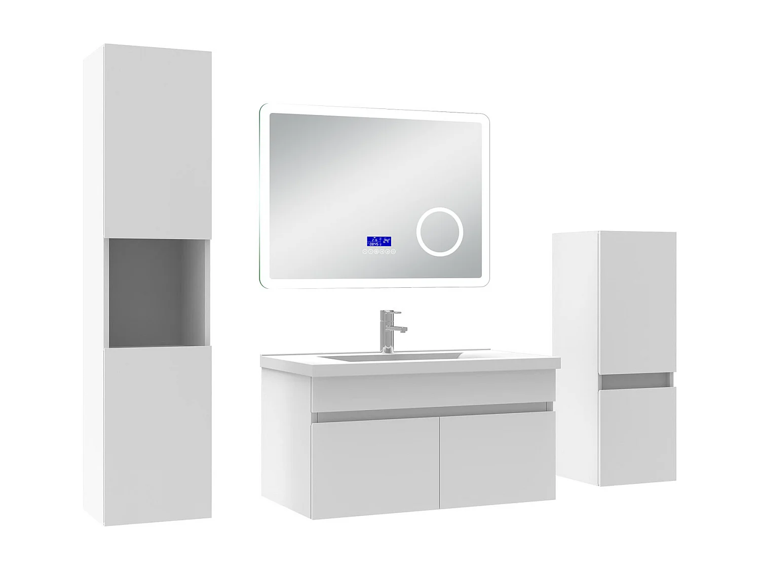 AICA Ensemble meuble Salle de Bain 80cm blanc avec 2 colonnes, simple vasque et Led miroir dimmable avec 3 couleurs, Bluetooth et 3X grossissement.