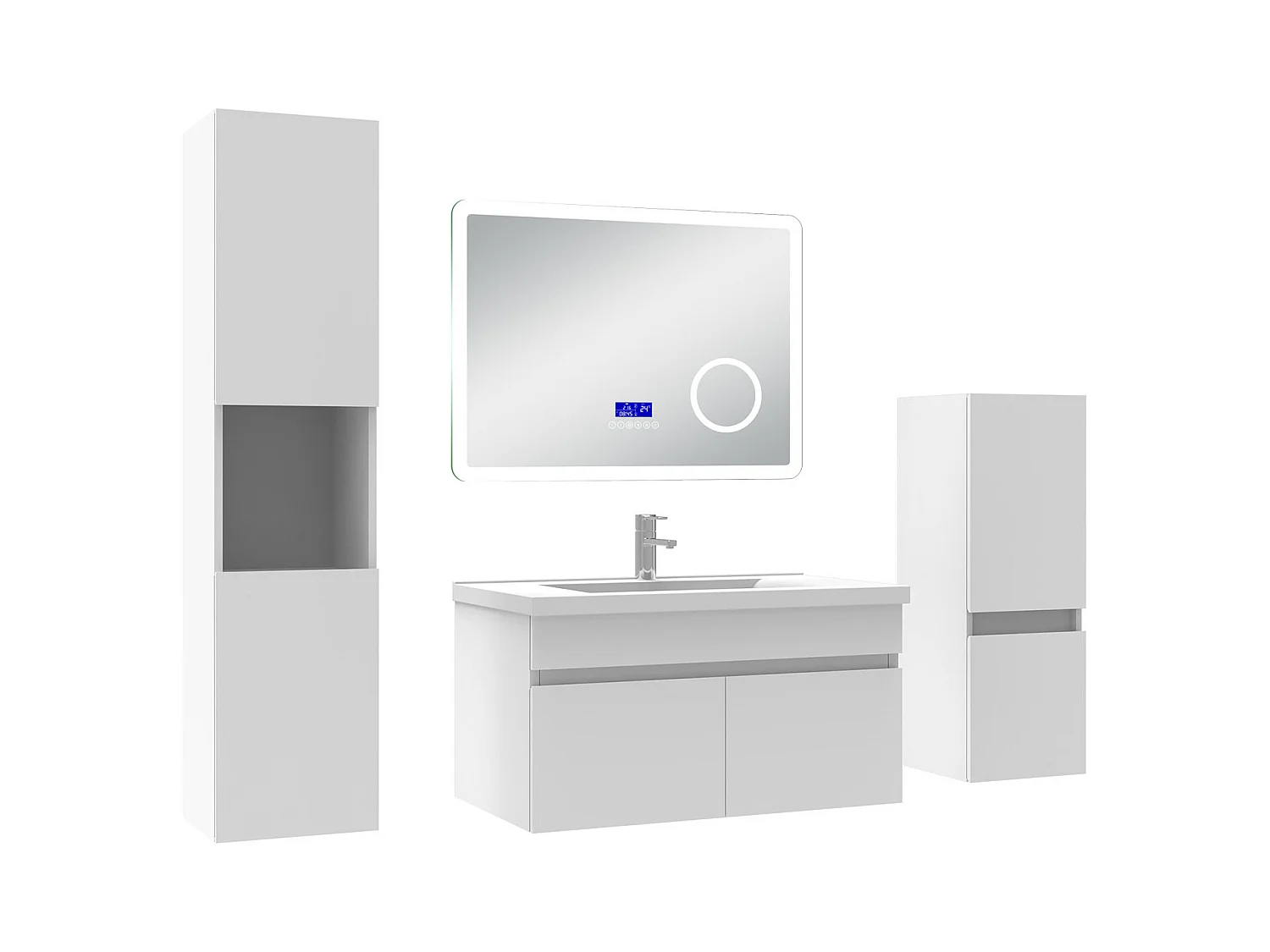 AICA Ensemble meuble Salle de Bain 80cm blanc avec 2 colonnes, simple vasque et Led miroir dimmable avec 3 couleurs, Bluetooth et 3X grossissement.