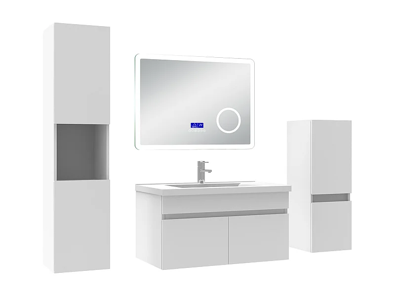 AICA Ensemble meuble Salle de Bain 80cm blanc avec 2 colonnes, simple vasque et Led miroir dimmable avec 3 couleurs, Bluetooth et 3X grossissement.