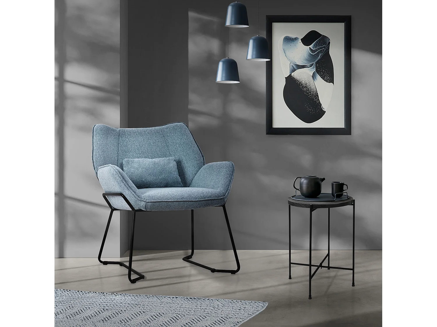 ML-Design Fauteuil lounge bleu, Fauteuil relax avec revêtement en lin et pieds métalliques noirs moderne