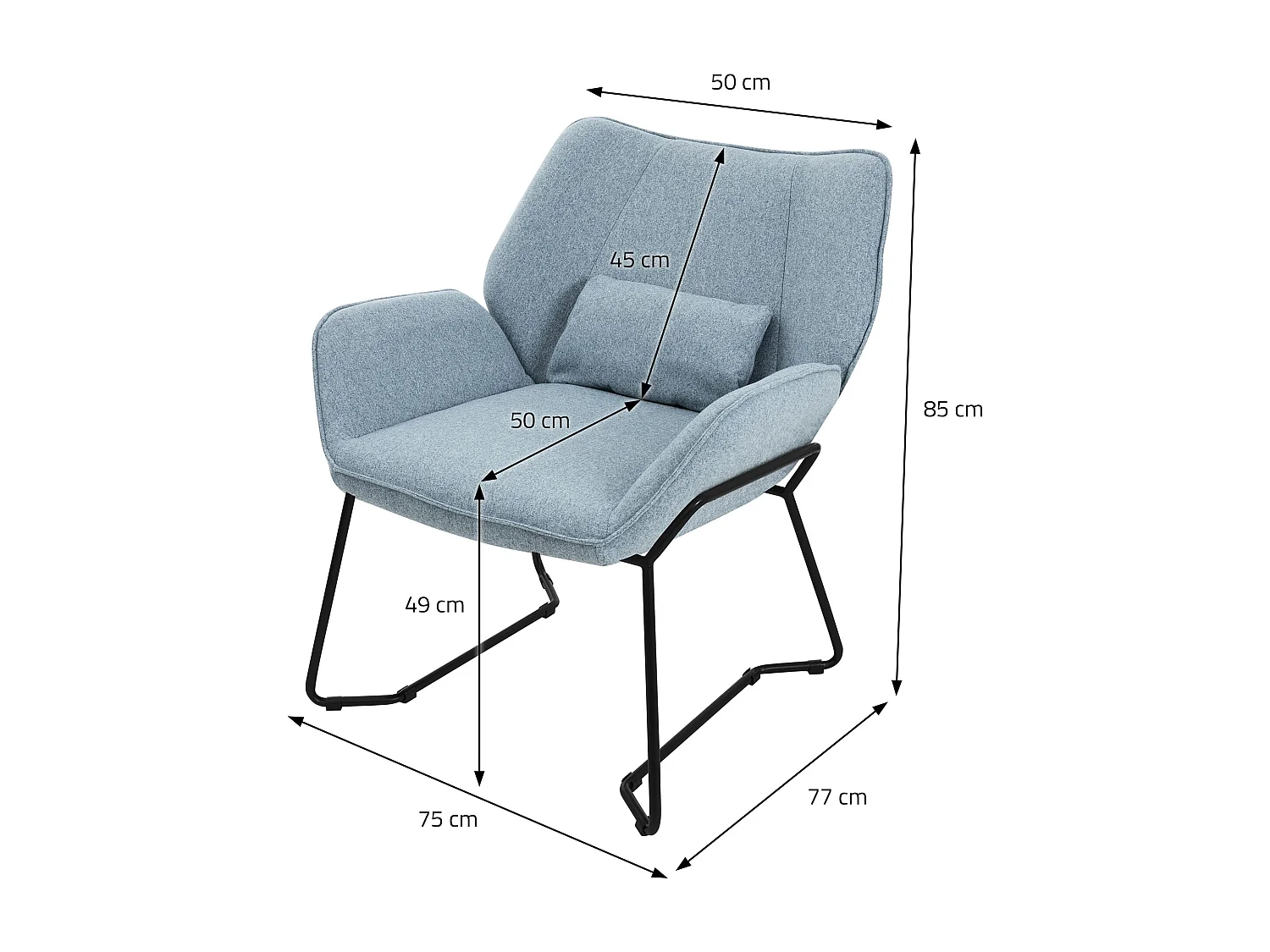 ML-Design Fauteuil lounge bleu, Fauteuil relax avec revêtement en lin et pieds métalliques noirs moderne