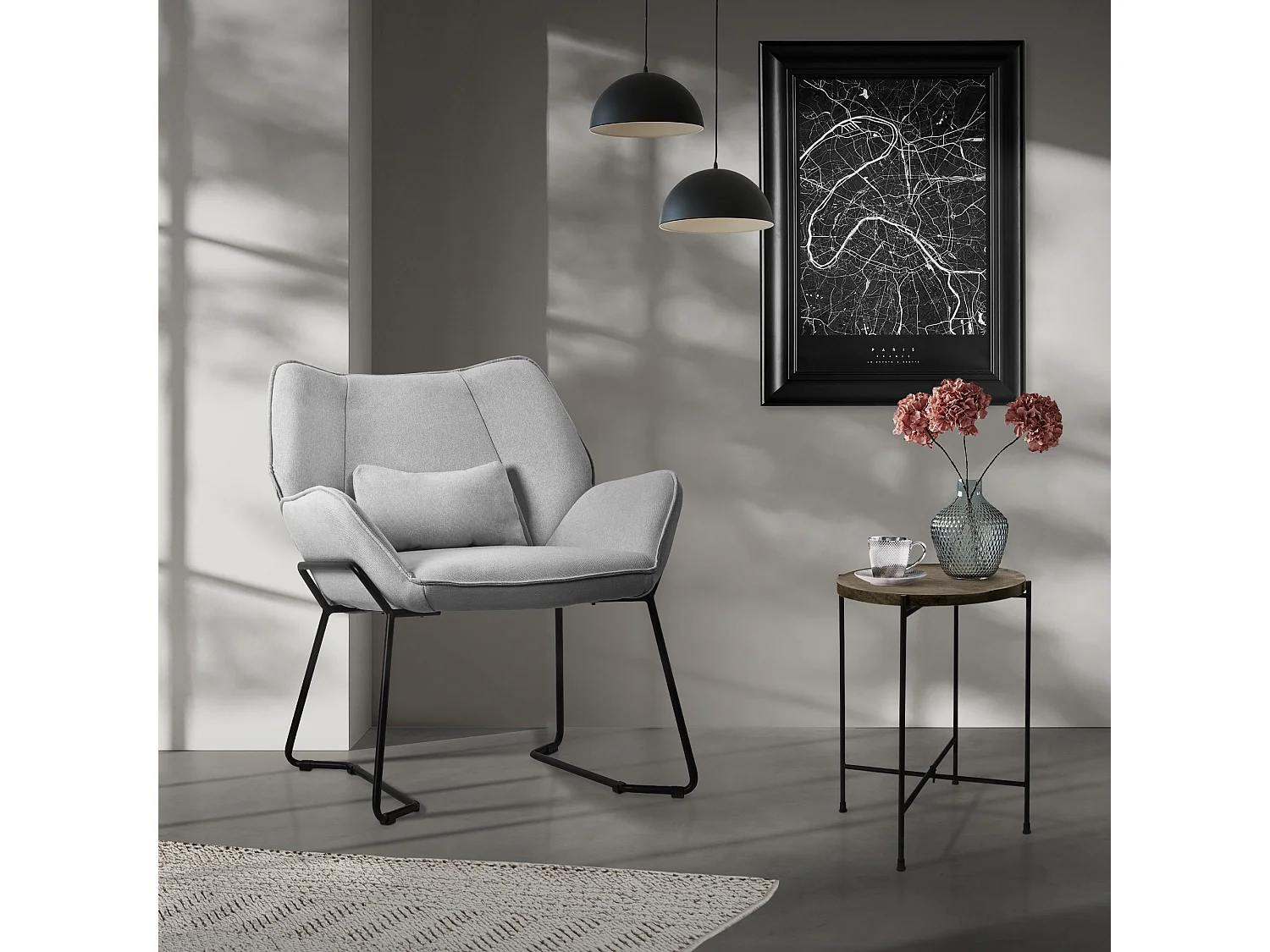 ML-Design Sillón de salón gris claro, Sillón de salón con tapicería de lino, pies de metal negro