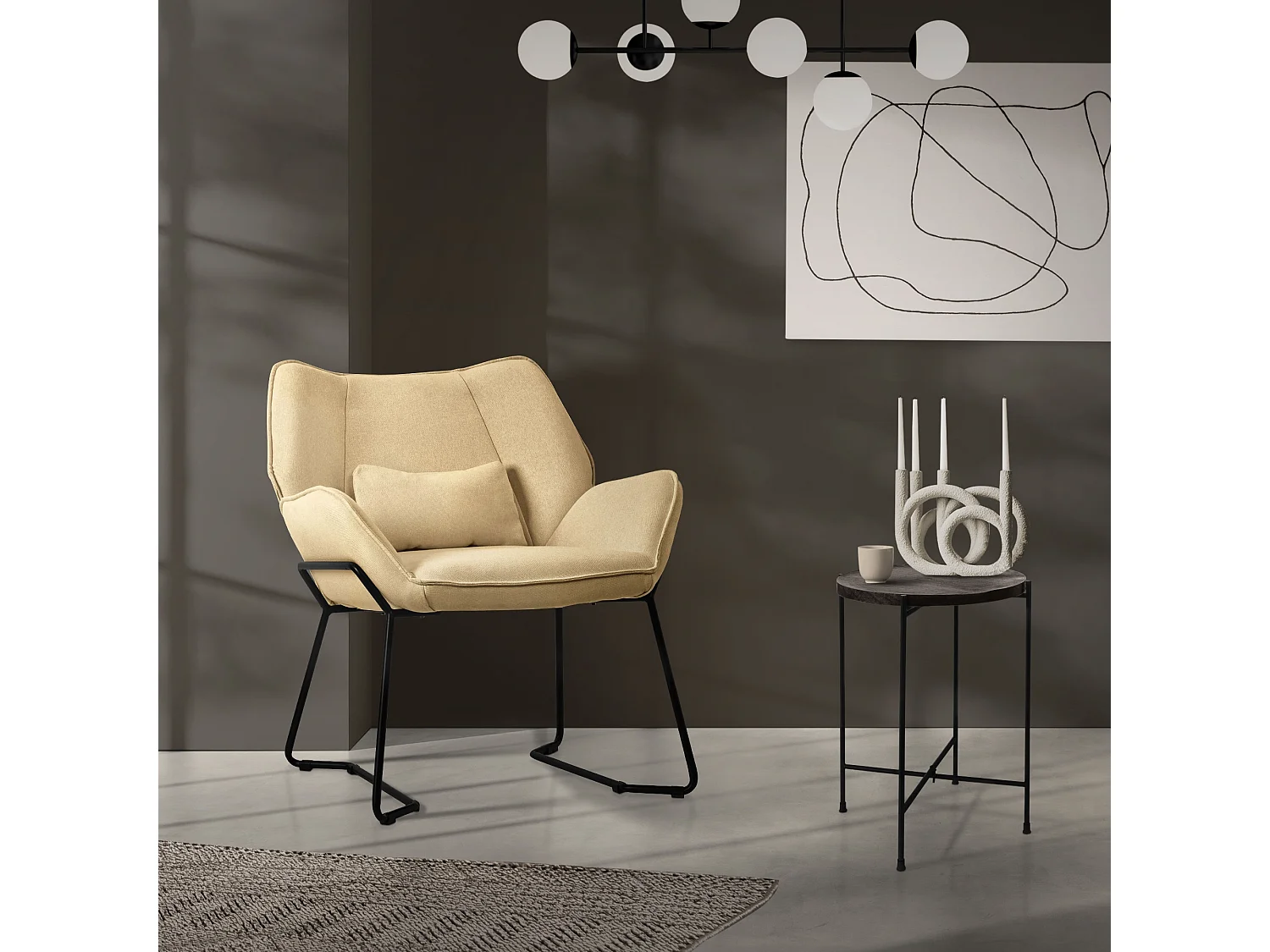 ML-Design sillón de salón Sand, Sillón de salón con tapicería de lino y patas de metal negro