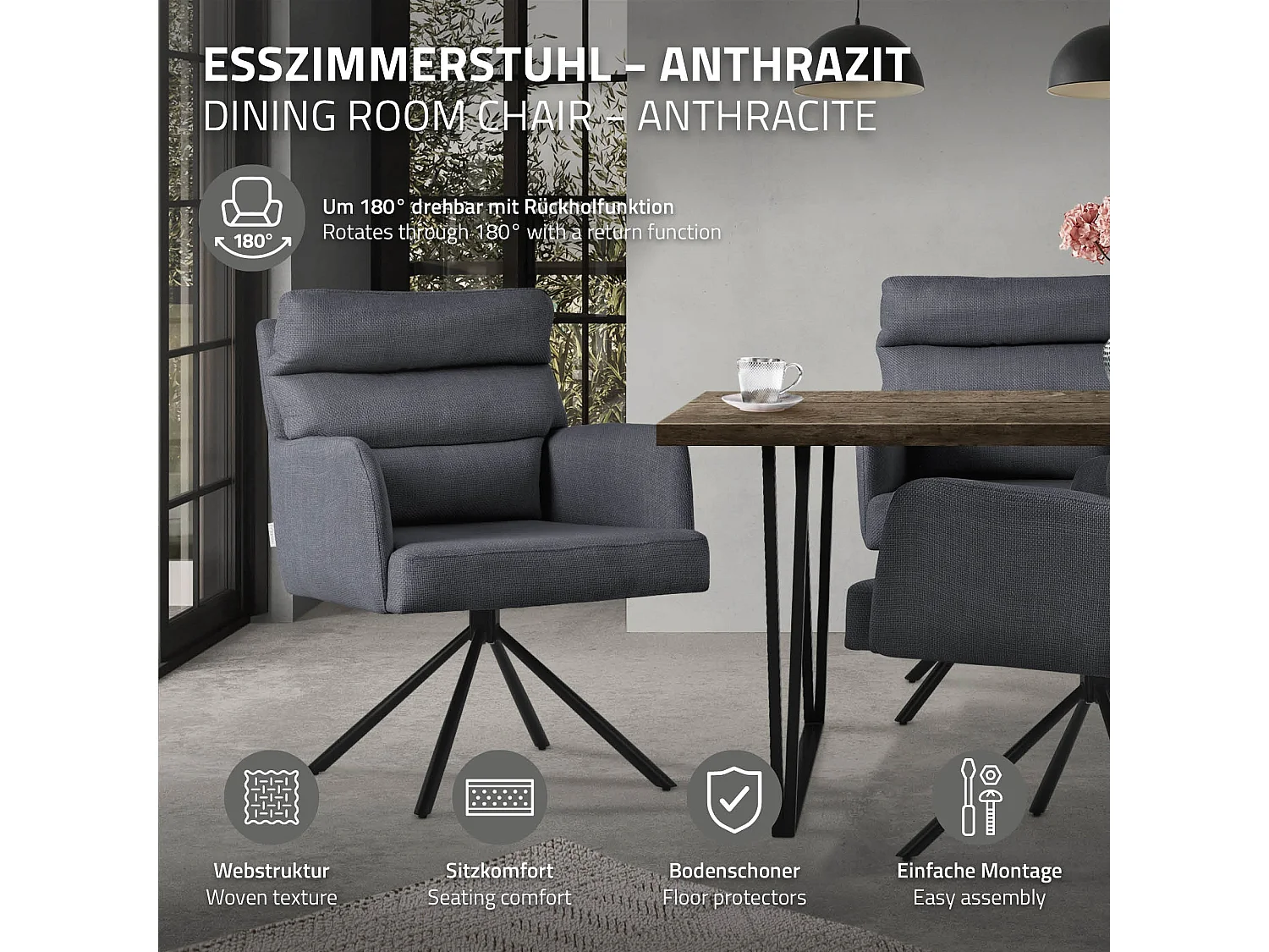 Chaise de salle à manger anthracite pivotante avec dossier et accoudoirs ergonomiques revêtement en polyester piètement en acier design élégant