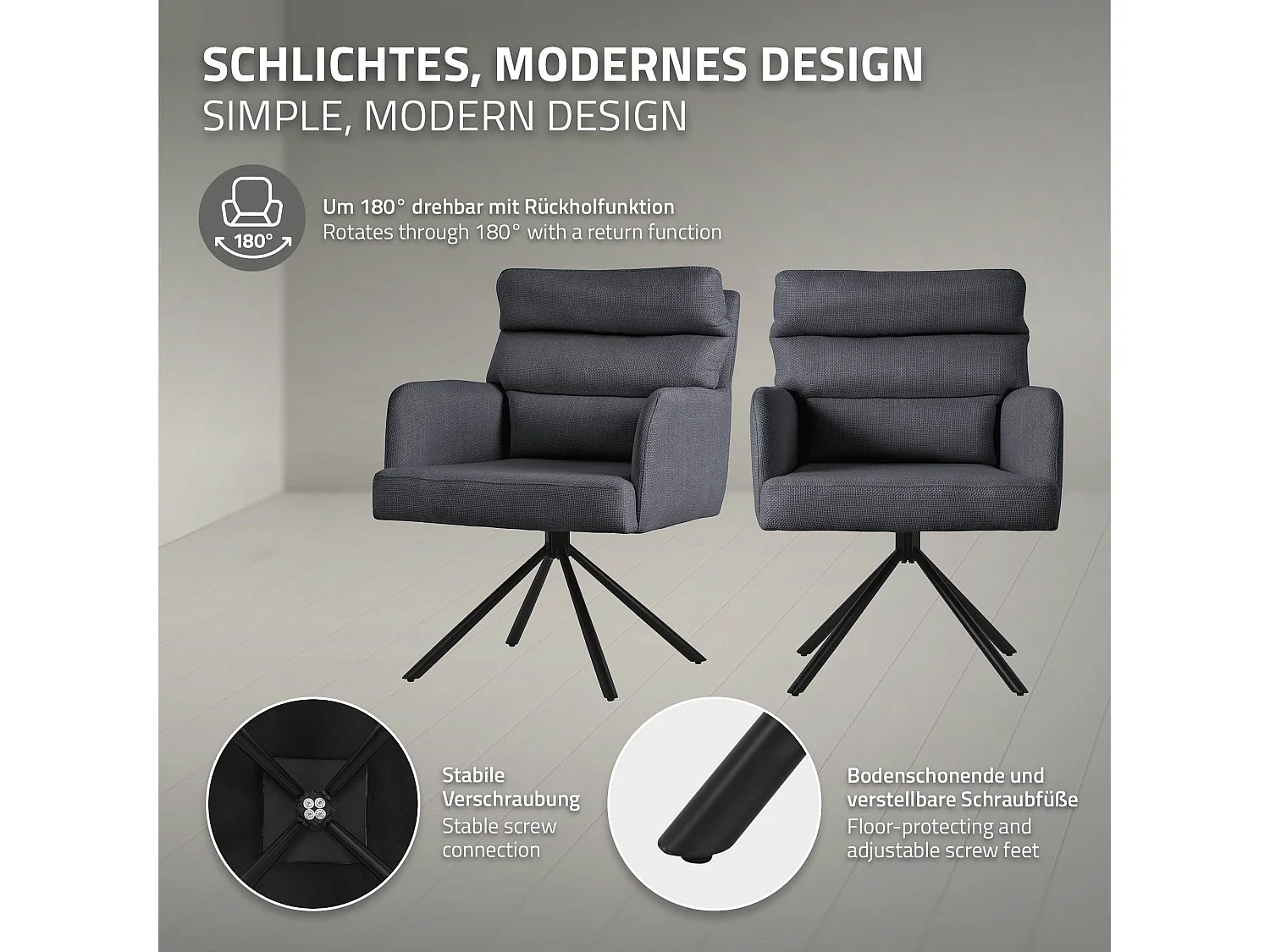Chaise de salle à manger anthracite pivotante avec dossier et accoudoirs ergonomiques revêtement en polyester piètement en acier design élégant