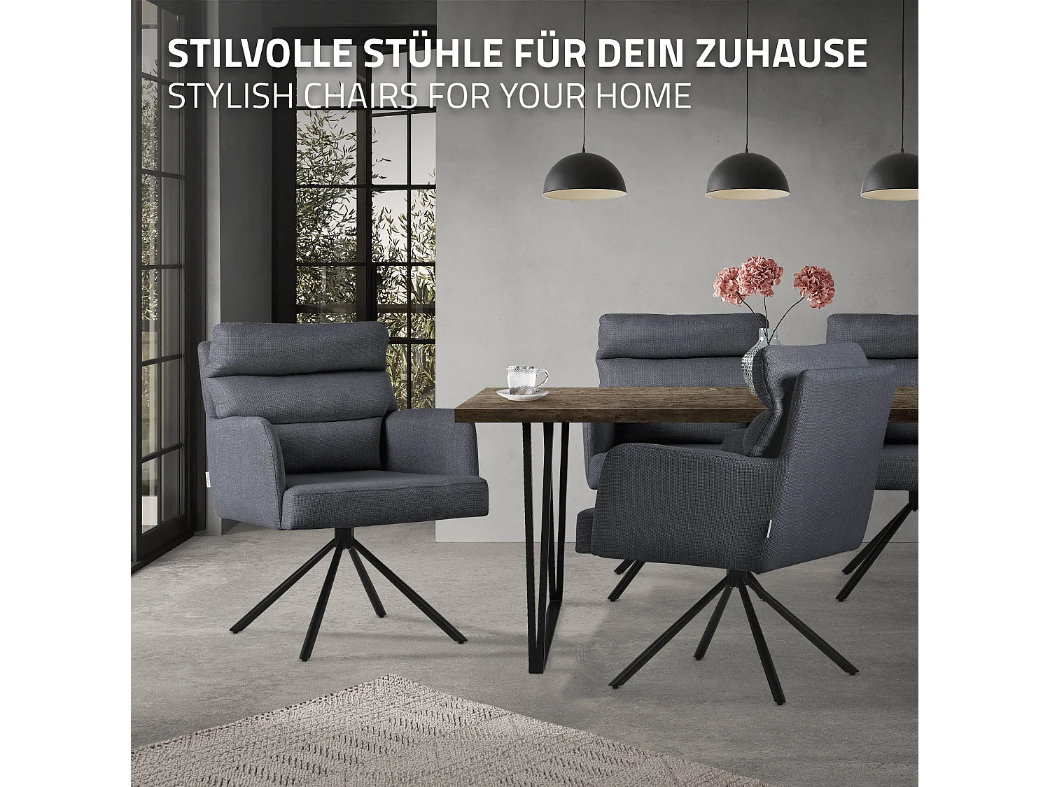 Chaise de salle à manger anthracite pivotante avec dossier et accoudoirs ergonomiques revêtement en polyester piètement en acier design élégant