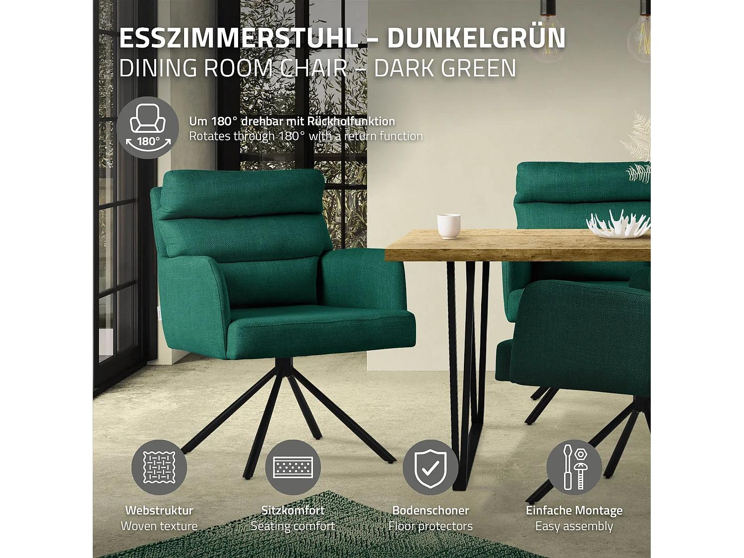 Chaise de salle à manger vert foncé pivotante avec dossier et accoudoirs ergonomiques revêtement en polyester piètement en acier design élégant