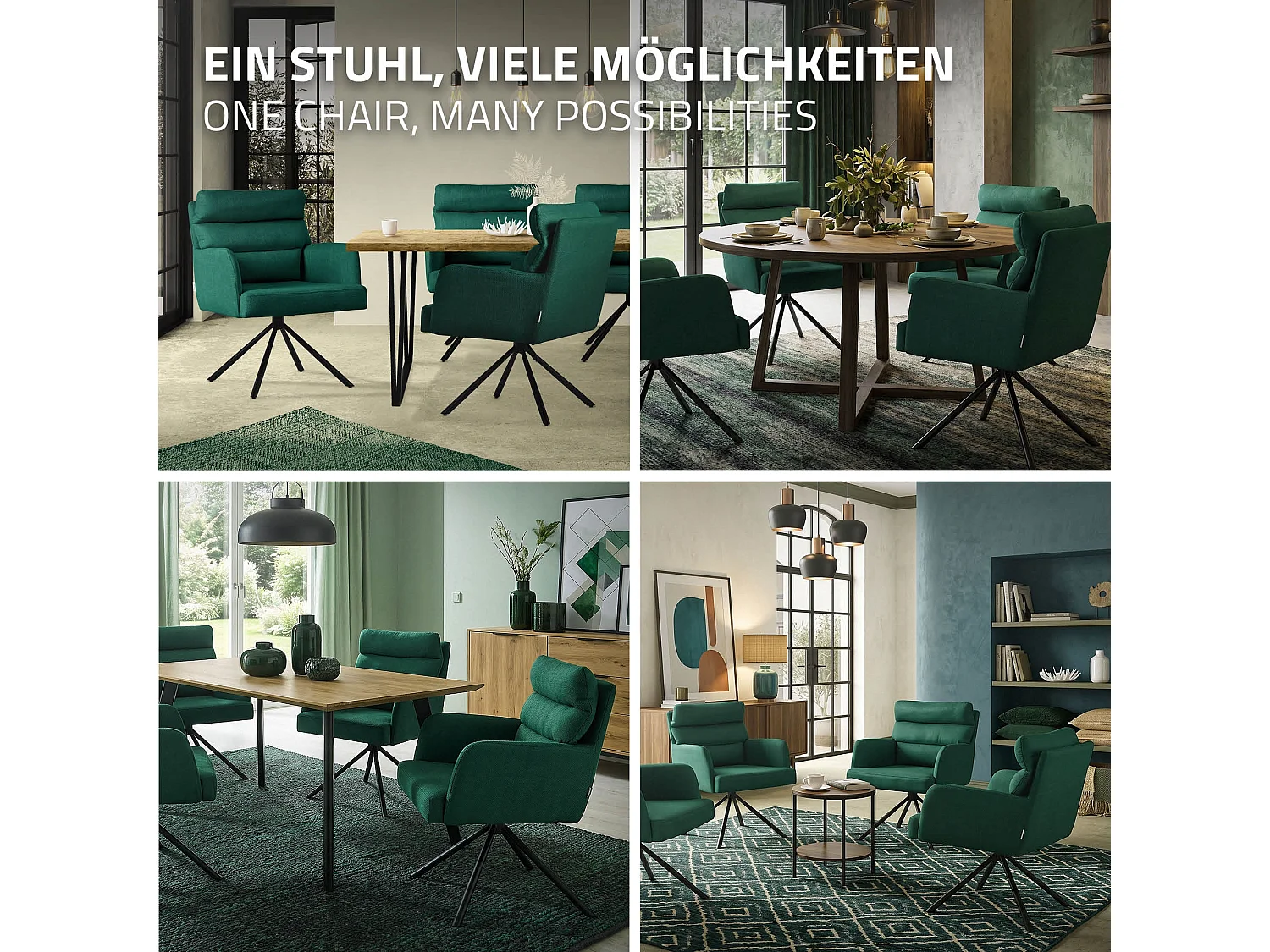 Chaise de salle à manger vert foncé pivotante avec dossier et accoudoirs ergonomiques revêtement en polyester piètement en acier design élégant