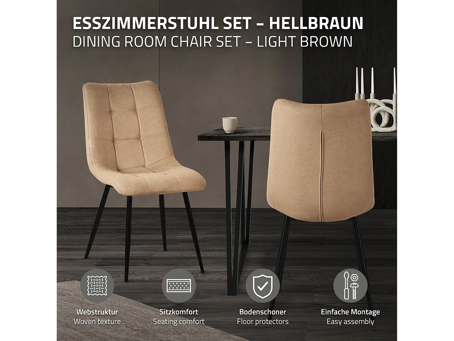 ML-Design Sedia da pranzo set di 4 pezzi marrone chiaro, Sedia da salotto con rivestimento in tessuto