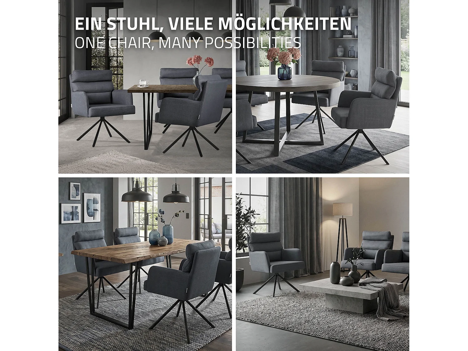 ML-Design 2x Sillas de comedor giratoria antracita asiento de cocina con respaldo extraíble y reposabrazos mueble sillón con funda de poliéster