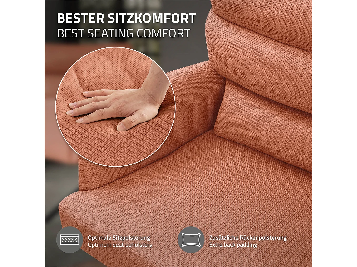 Chaise de salle à manger orange pivotante avec dossier et accoudoirs ergonomiques revêtement en polyester piètement noir en acier design élégant