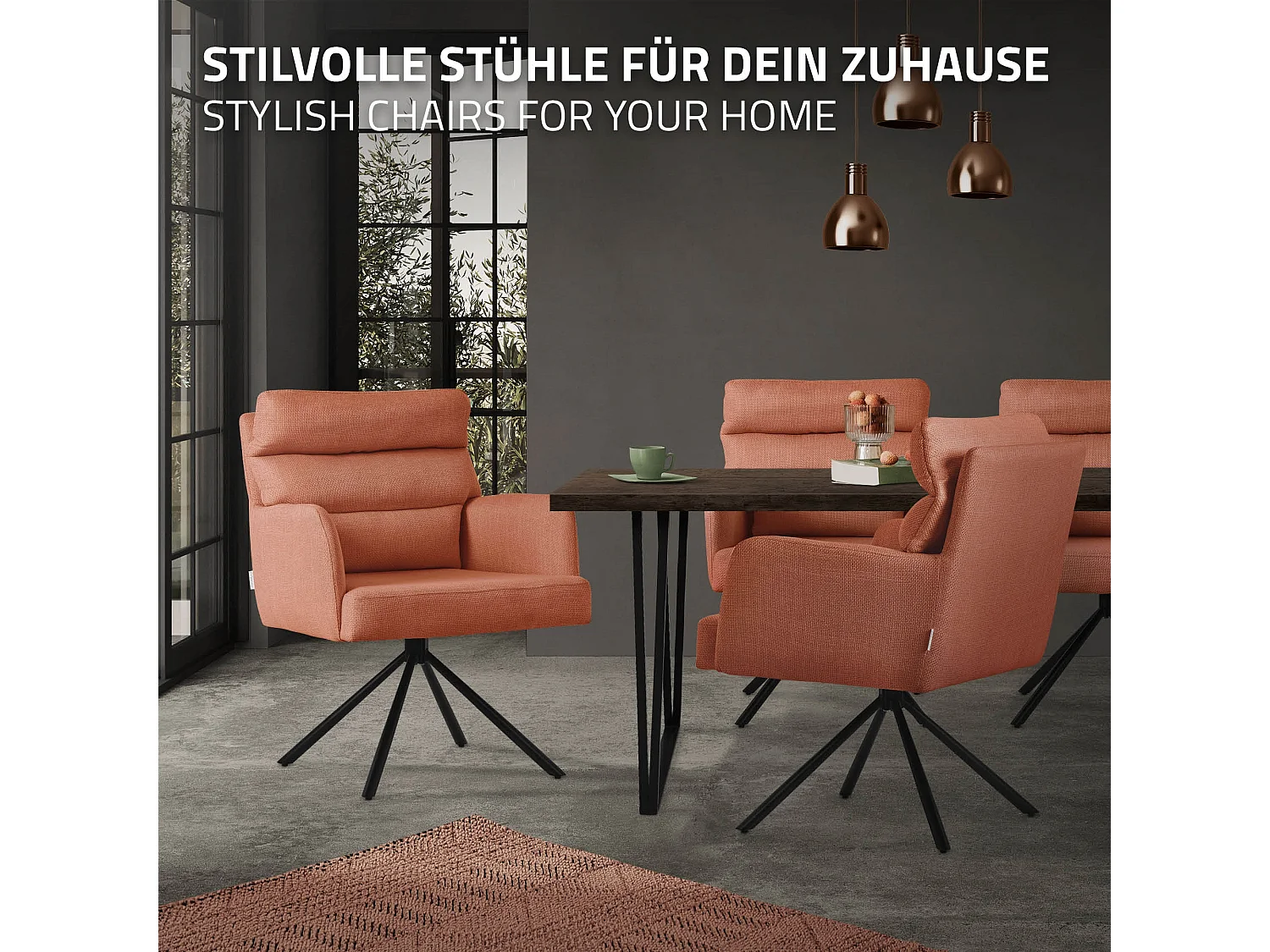 Chaise de salle à manger orange pivotante avec dossier et accoudoirs ergonomiques revêtement en polyester piètement noir en acier design élégant