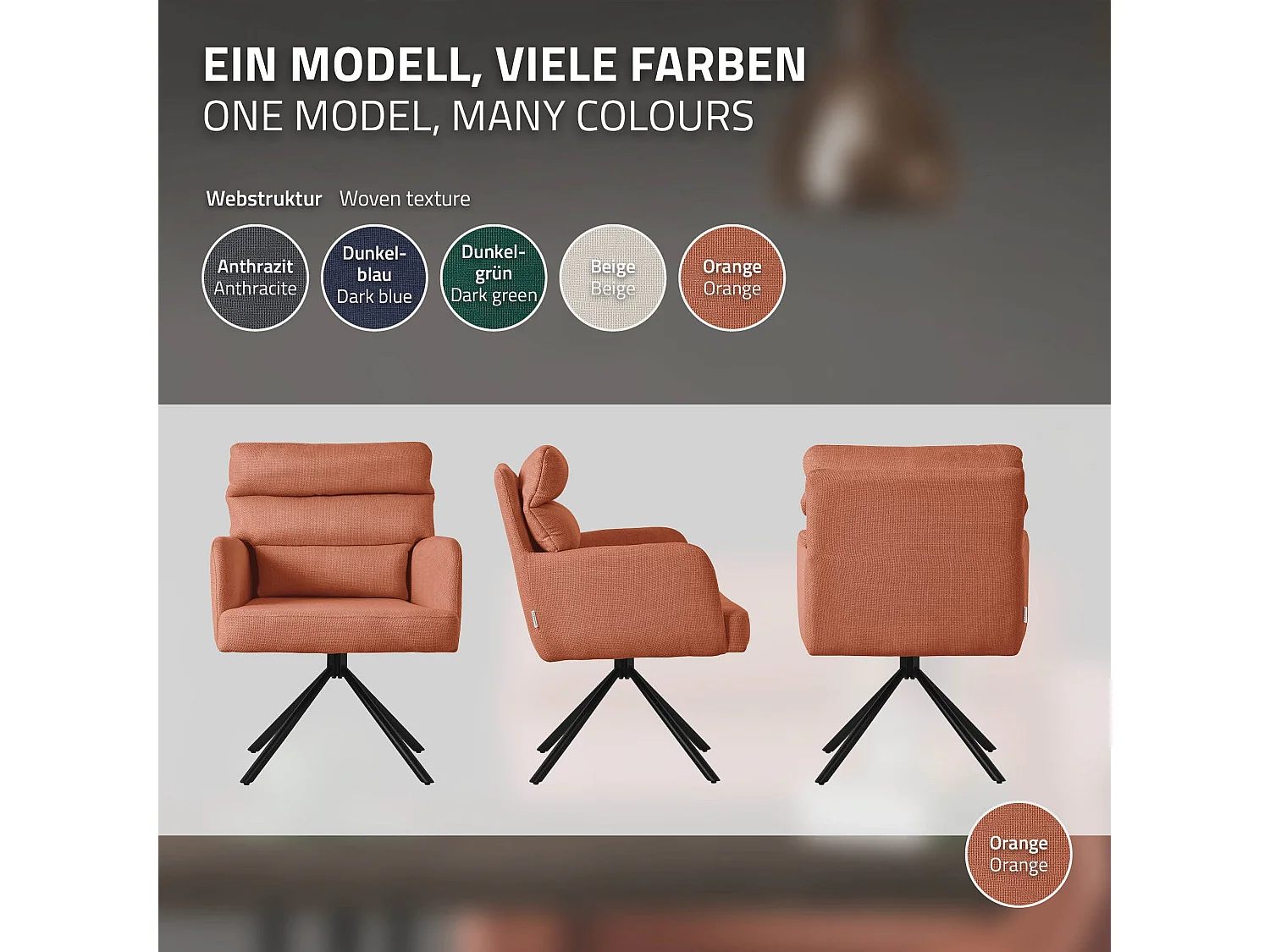 Chaise de salle à manger orange pivotante avec dossier et accoudoirs ergonomiques revêtement en polyester piètement noir en acier design élégant