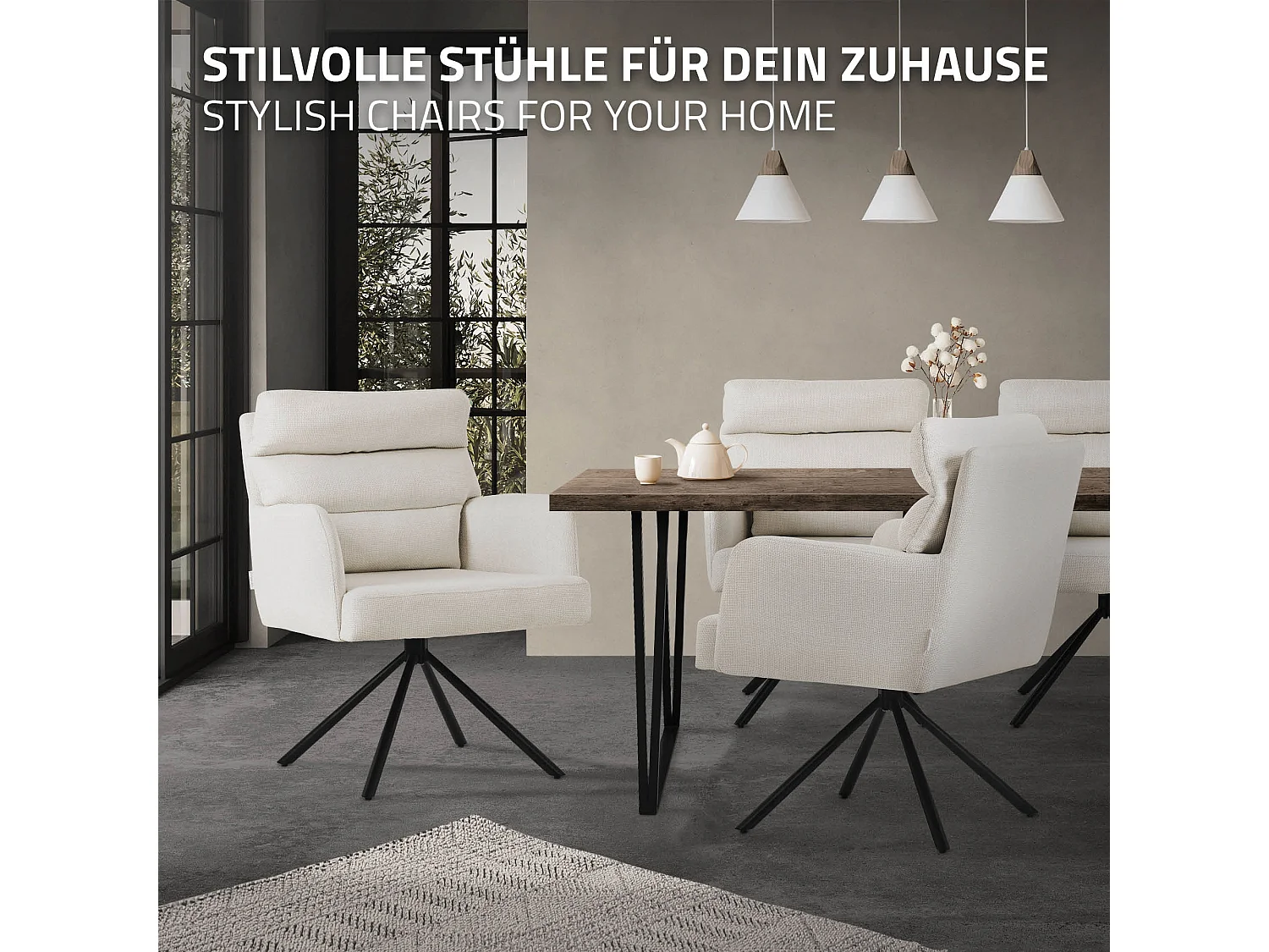 Lot de 2 chaises de salle à manger beige pivotante avec dossier et accoudoirs ergonomiques revêtement en polyester piètement en acier design élégant