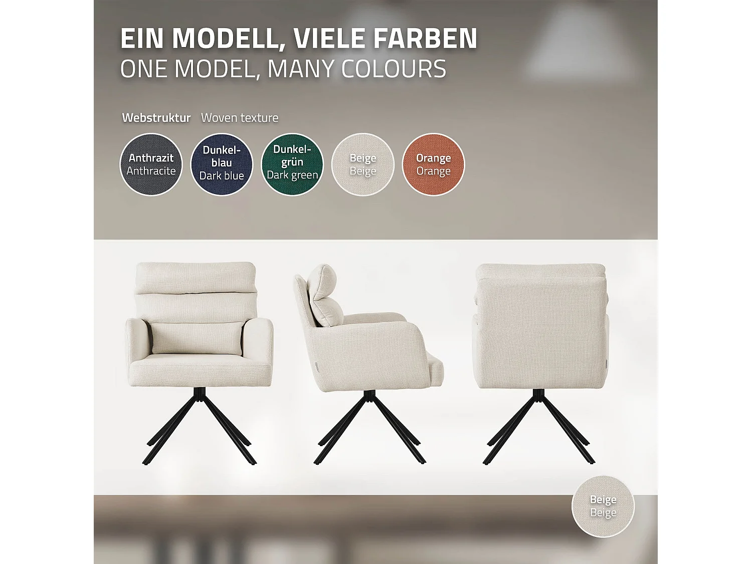 Lot de 2 chaises de salle à manger beige pivotante avec dossier et accoudoirs ergonomiques revêtement en polyester piètement en acier design élégant