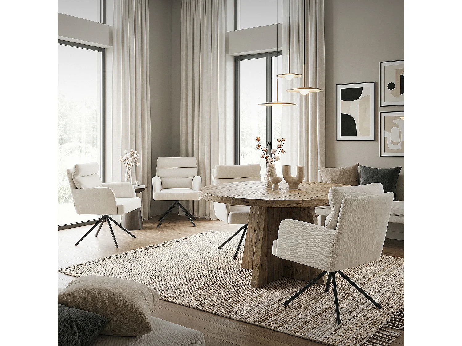 Lot de 2 chaises de salle à manger beige pivotante avec dossier et accoudoirs ergonomiques revêtement en polyester piètement en acier design élégant