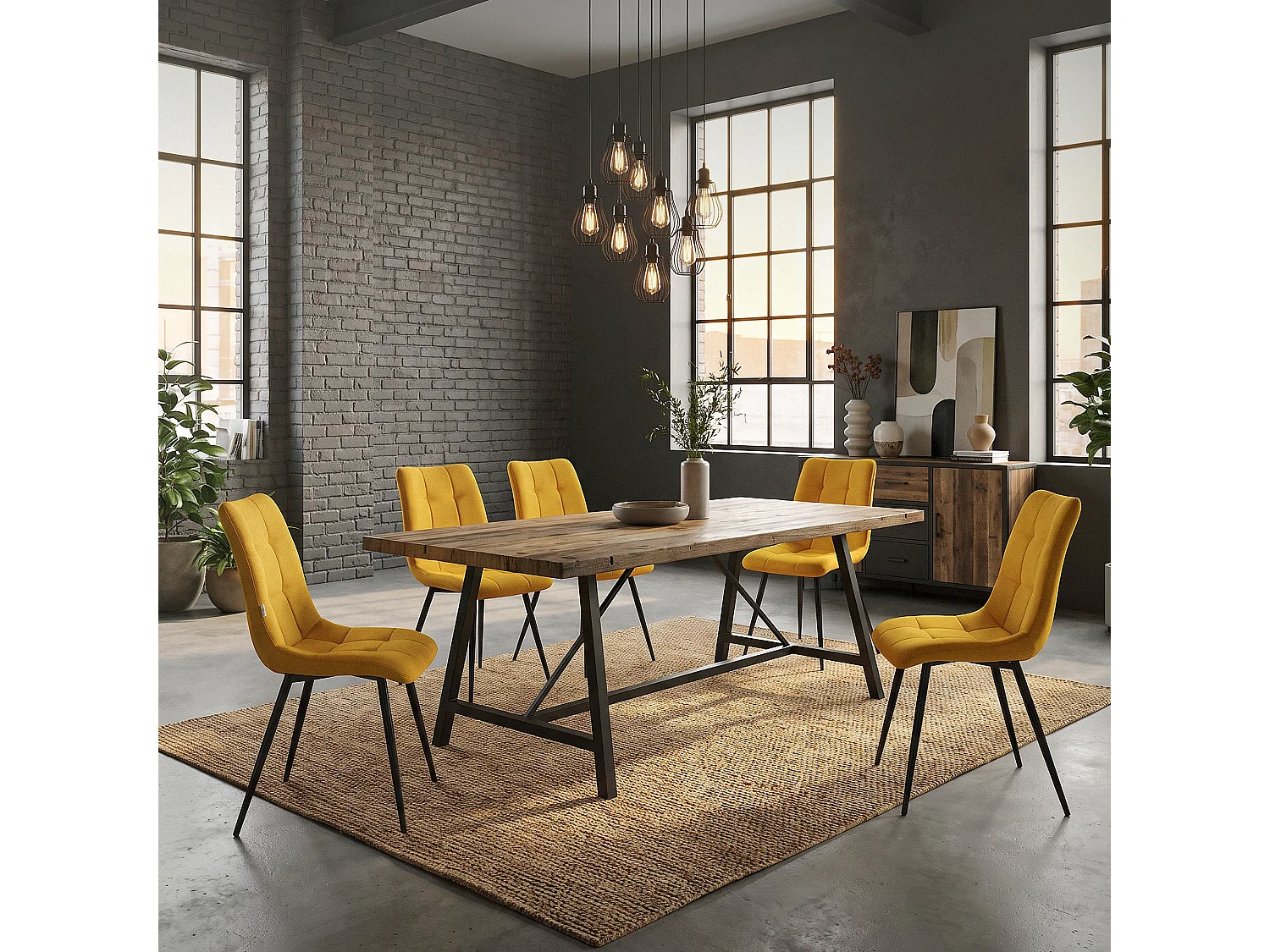 ML-Design Set di 4 sedie da pranzo giallo senape, Sedia da salotto con rivestimento in tessuto e gambe in metallo nero