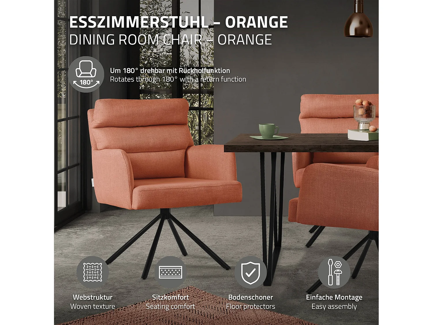 Lot de 2 chaises de salle à manger orange pivotante avec dossier et accoudoirs ergonomiques revêtement en polyester piètement en acier design élégant