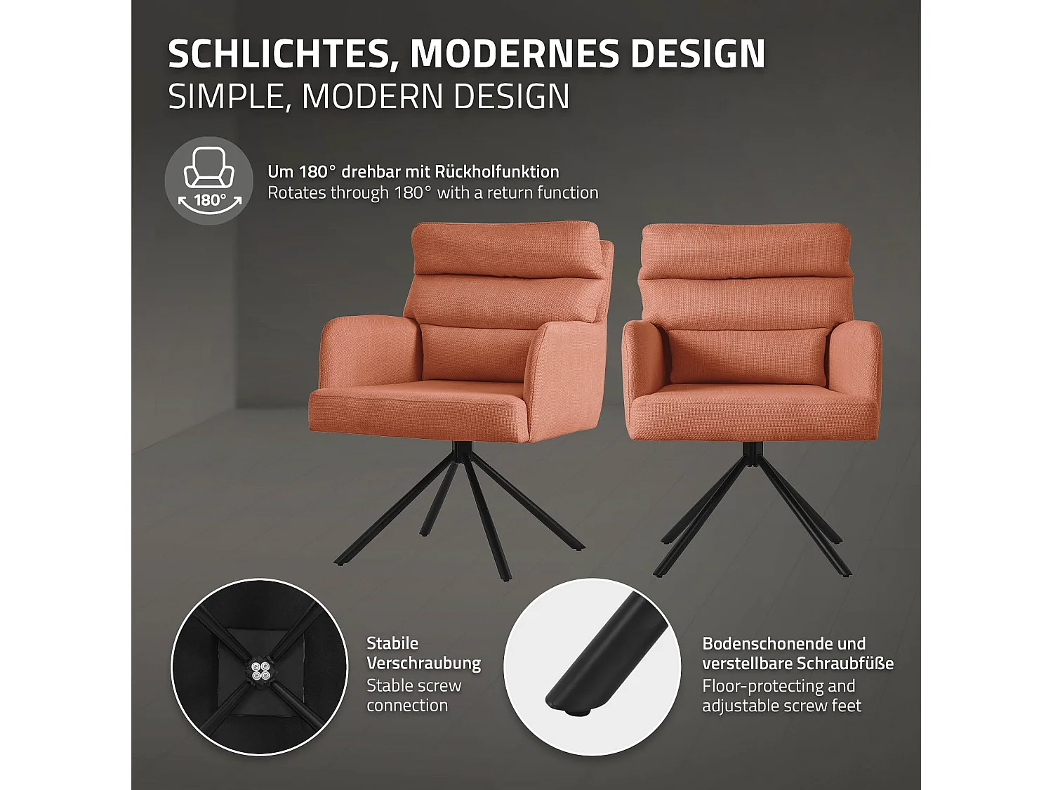 Lot de 2 chaises de salle à manger orange pivotante avec dossier et accoudoirs ergonomiques revêtement en polyester piètement en acier design élégant