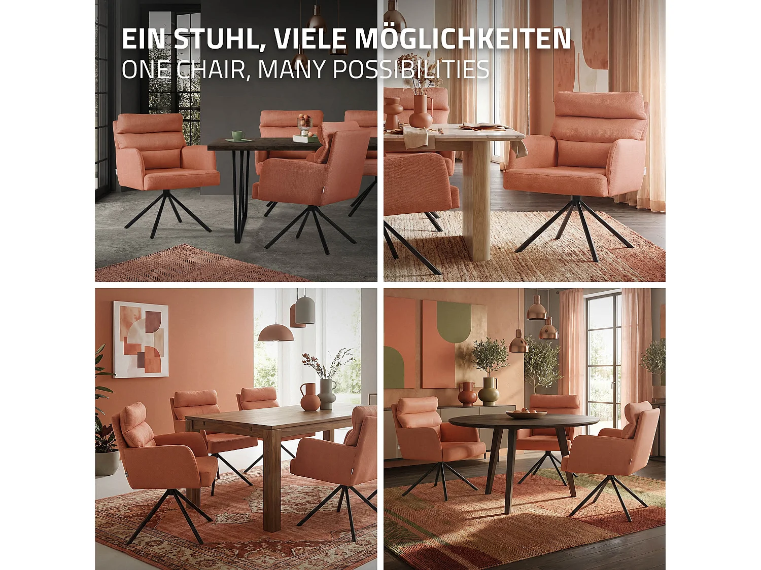 Lot de 2 chaises de salle à manger orange pivotante avec dossier et accoudoirs ergonomiques revêtement en polyester piètement en acier design élégant