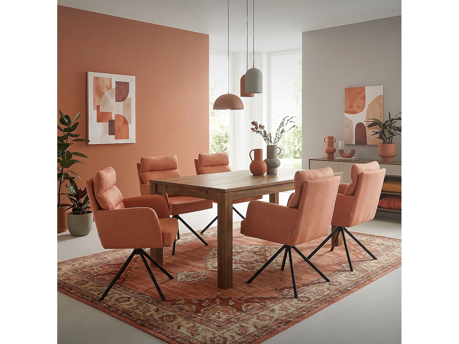 Lot de 2 chaises de salle à manger orange pivotante avec dossier et accoudoirs ergonomiques revêtement en polyester piètement en acier design élégant