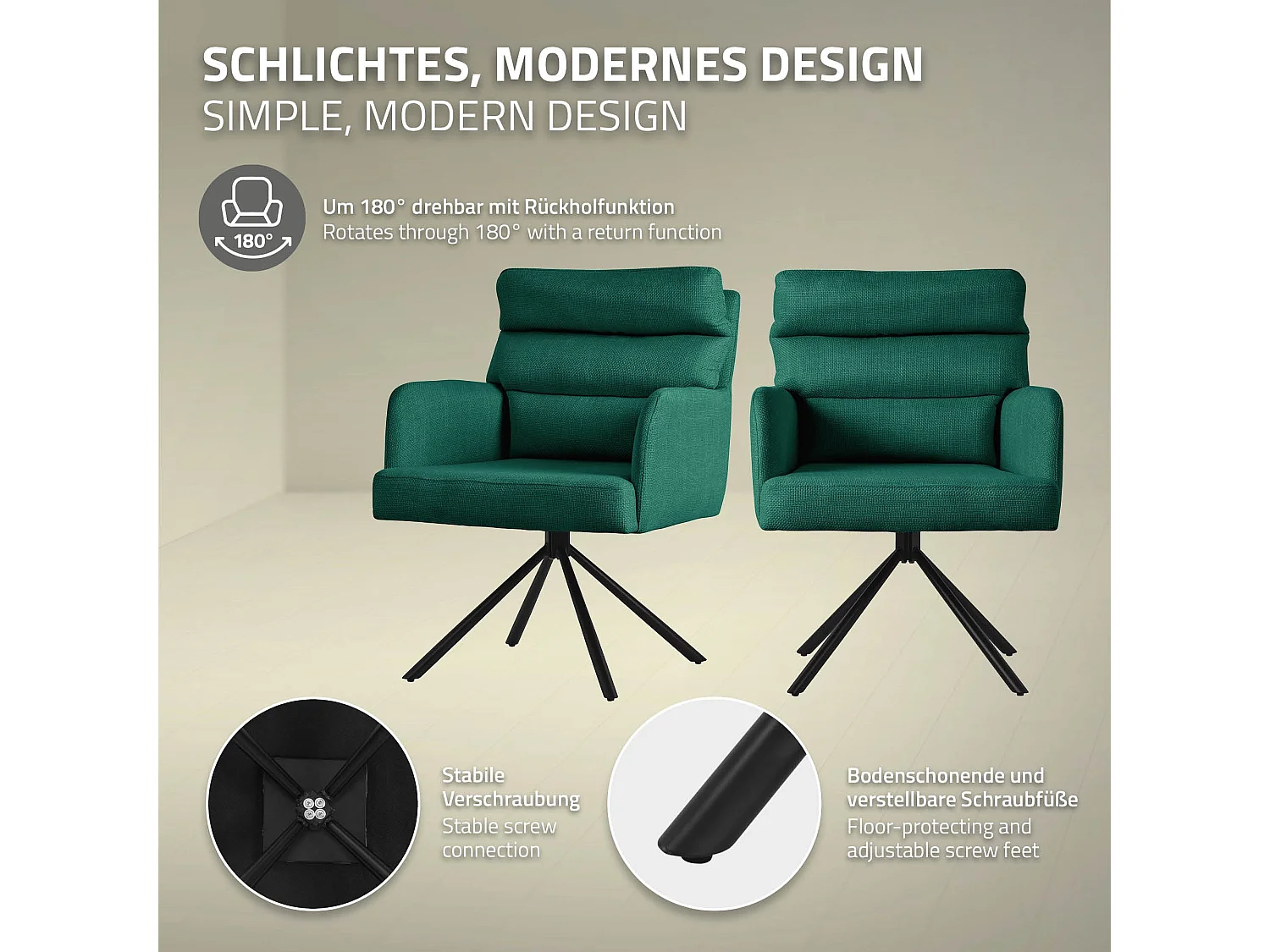 Lot de 2 chaises de salle à manger vert foncé pivotante avec dossier et accoudoirs ergonomiques revêtement en polyester piètement noir en acier