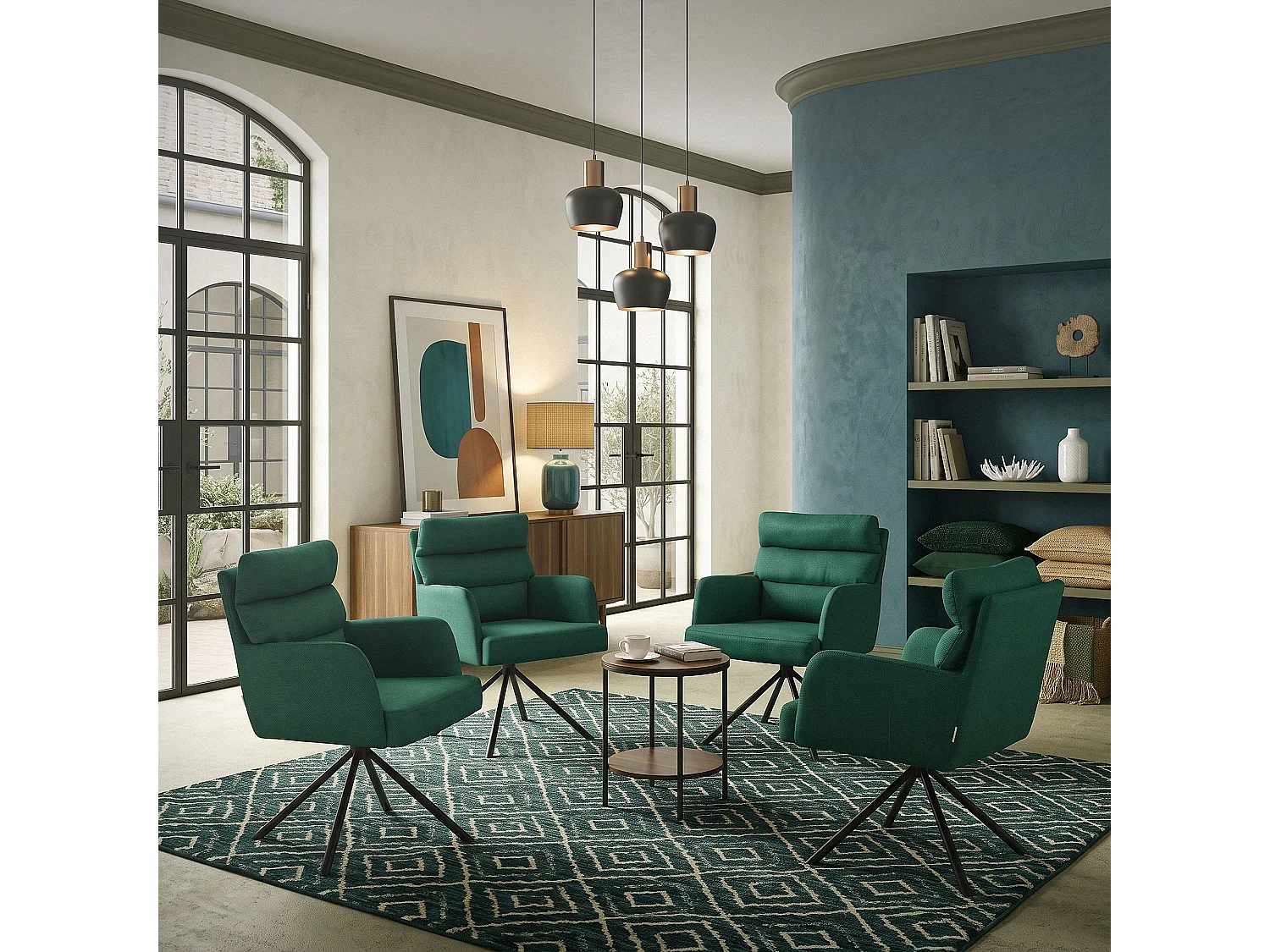 Lot de 2 chaises de salle à manger vert foncé pivotante avec dossier et accoudoirs ergonomiques revêtement en polyester piètement noir en acier