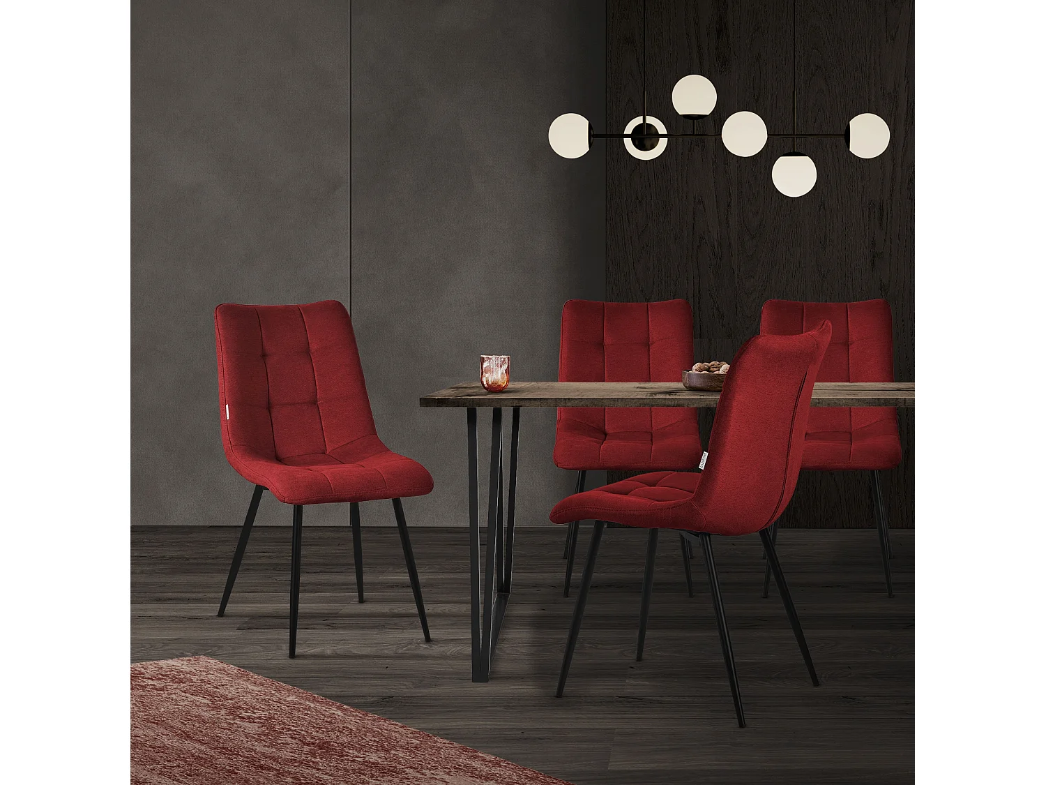ML-Design Chaise de salle à manger set de 4 pièces rouge, Chaise de salon avec revêtement en tissu et pieds métalliques noirs