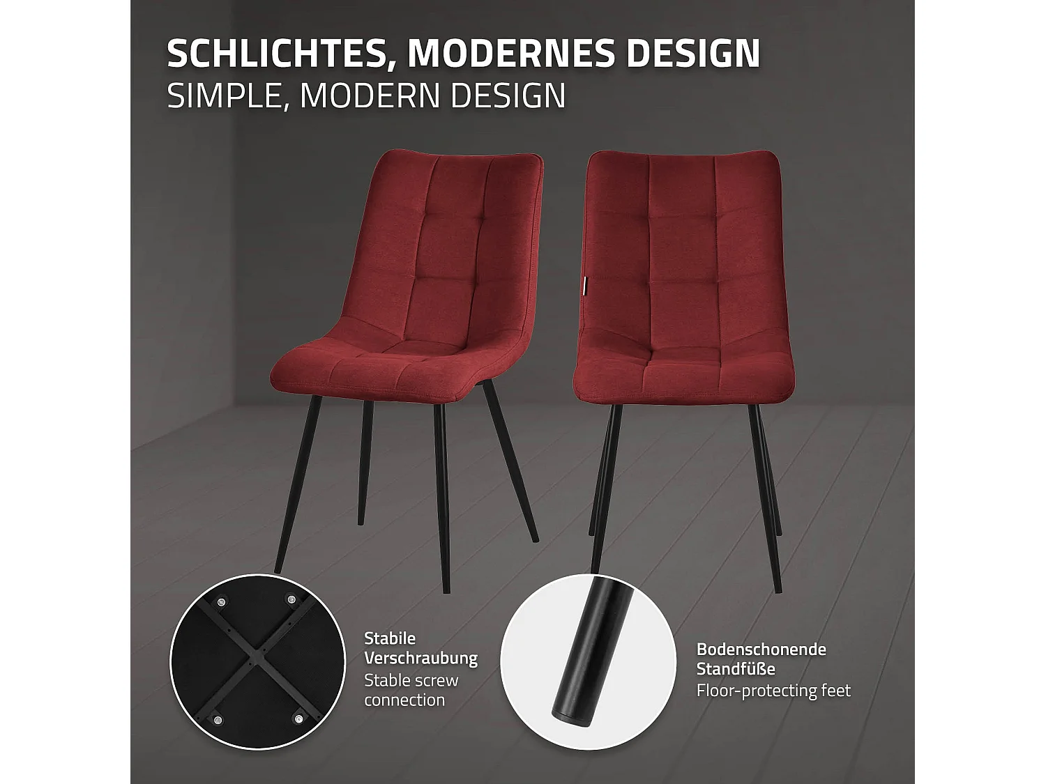 ML-Design 4x Sillas de comedor rojo asiento de cocina acolchado con funda de tela y patas de acero sillón con respaldo para oficina o salón