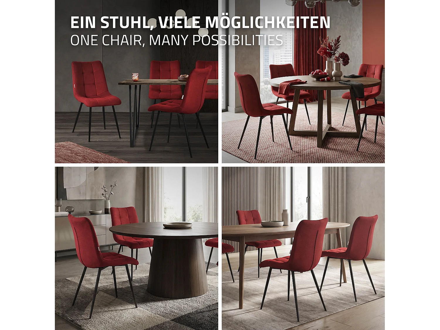 ML-Design 4x Sillas de comedor rojo asiento de cocina acolchado con funda de tela y patas de acero sillón con respaldo para oficina o salón