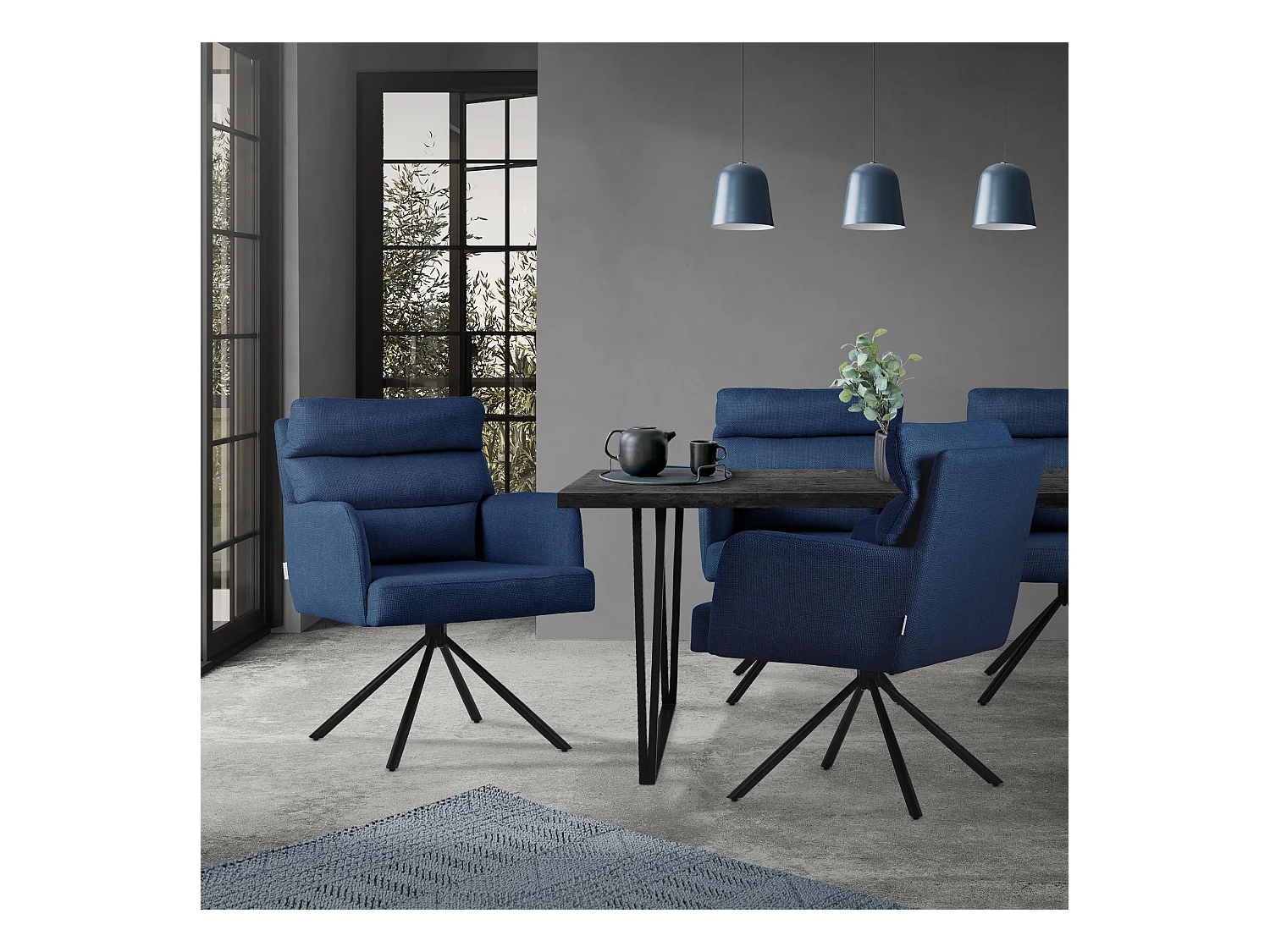 ML-Design Chaises de salle à manger pivotantes, set de 2, bleu foncé, chaises de salon avec accoudoirs et dossier