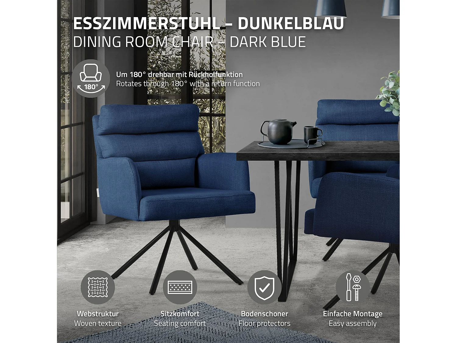 ML-Design Set 2x poltrone girevole blu scuro sedia da soggiorno braccioli e schienale poltroncina imbottita cuscino e rivestimento in poliestere sedia