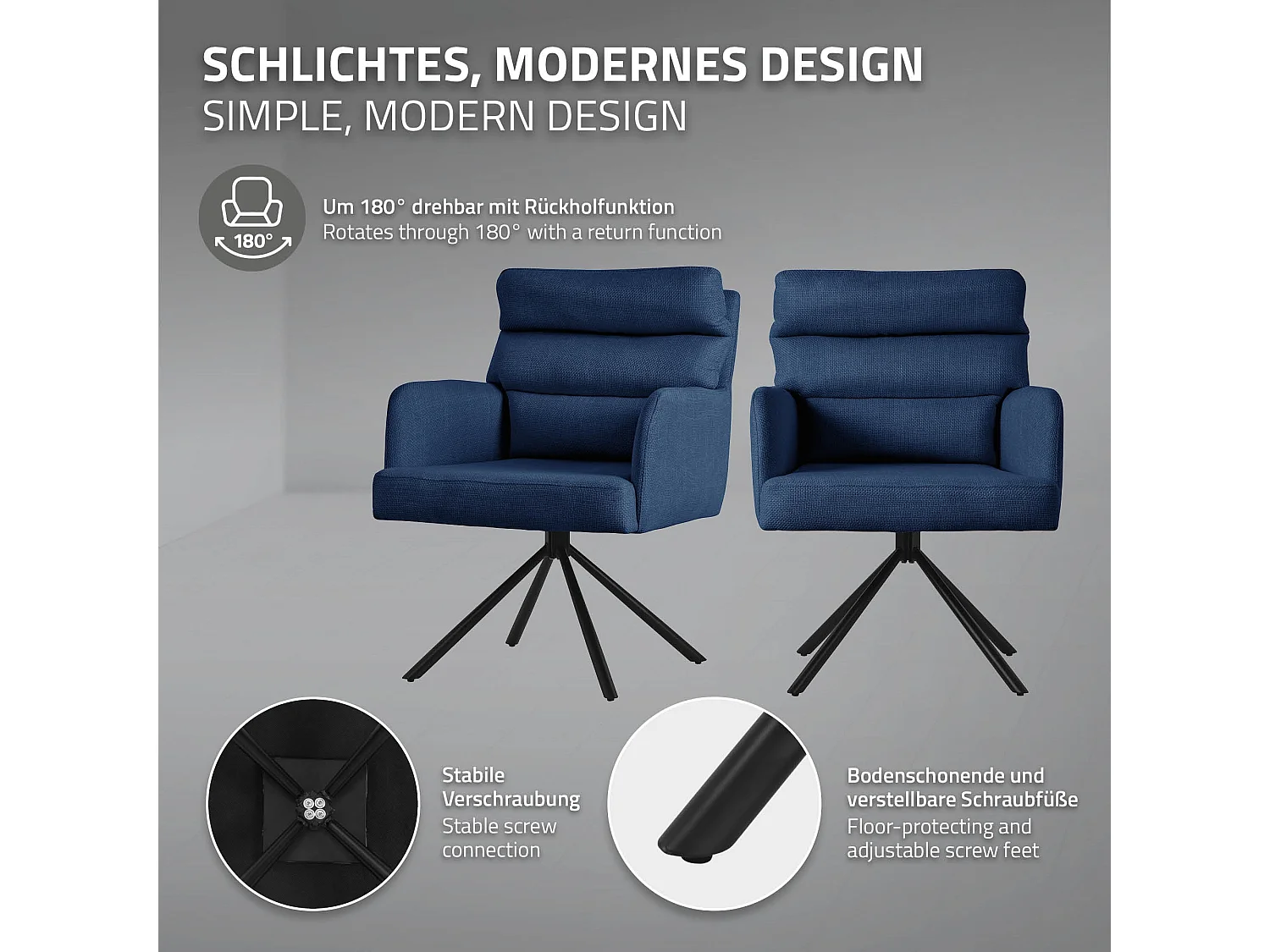 ML-Design Set 2x poltrone girevole blu scuro sedia da soggiorno braccioli e schienale poltroncina imbottita cuscino e rivestimento in poliestere sedia