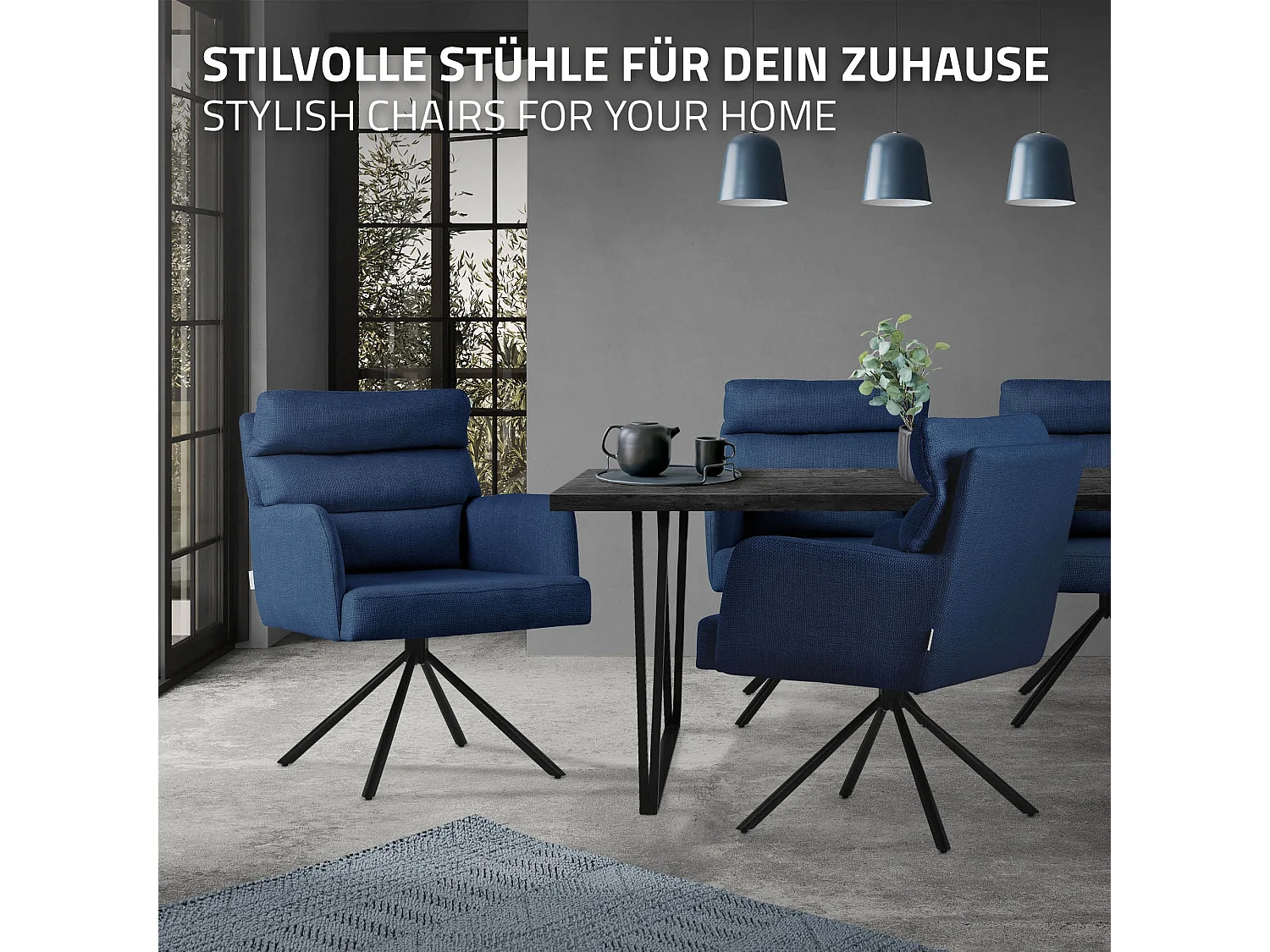 ML-Design Set 2x poltrone girevole blu scuro sedia da soggiorno braccioli e schienale poltroncina imbottita cuscino e rivestimento in poliestere sedia
