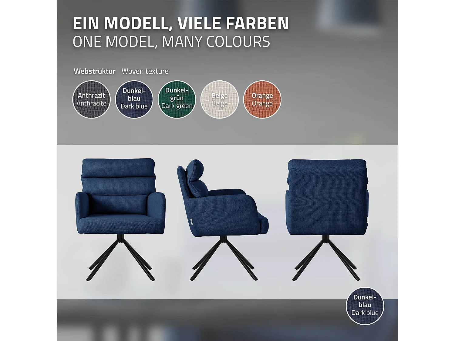 ML-Design Set 2x poltrone girevole blu scuro sedia da soggiorno braccioli e schienale poltroncina imbottita cuscino e rivestimento in poliestere sedia