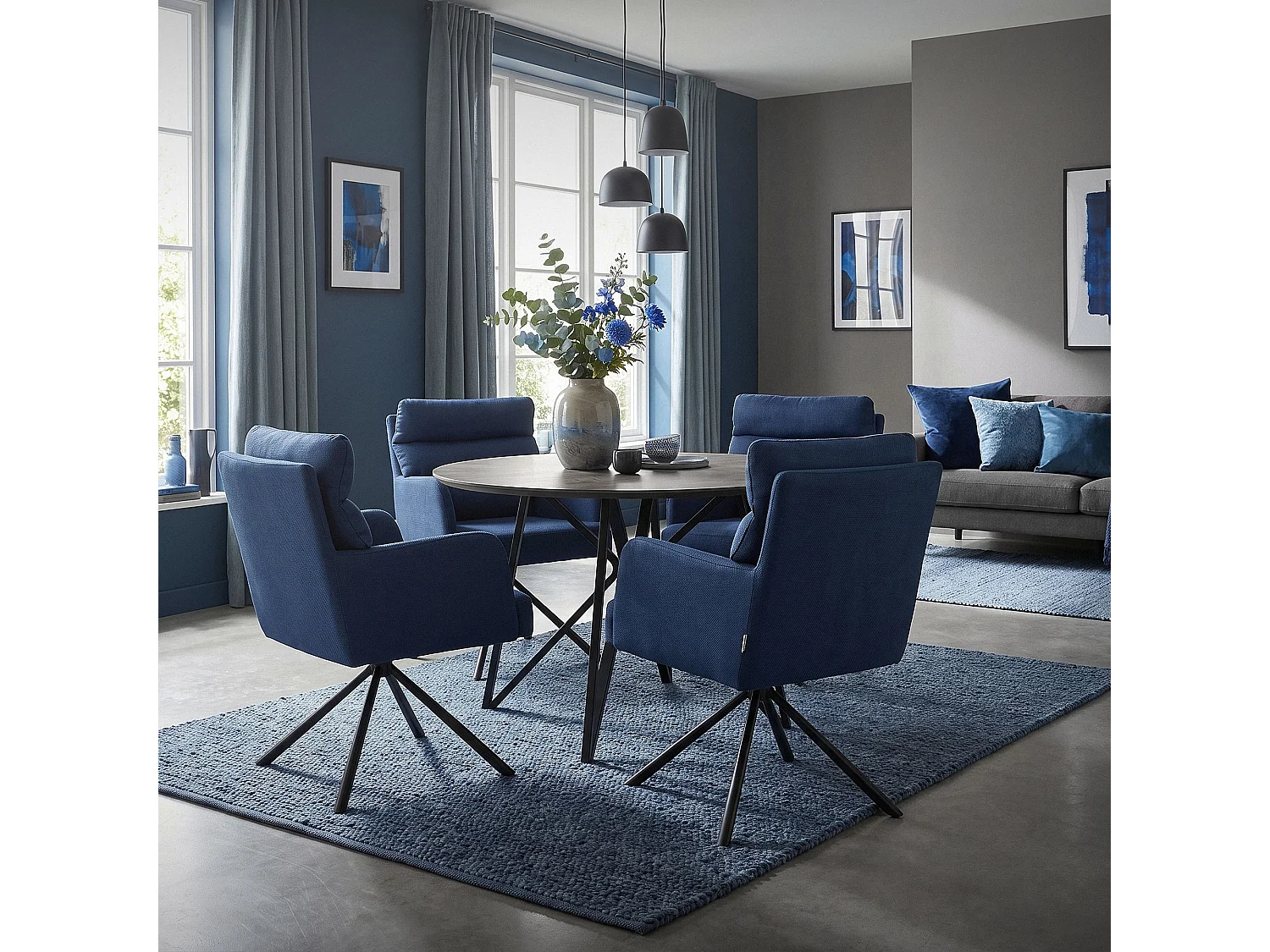 ML-Design Set 2x poltrone girevole blu scuro sedia da soggiorno braccioli e schienale poltroncina imbottita cuscino e rivestimento in poliestere sedia