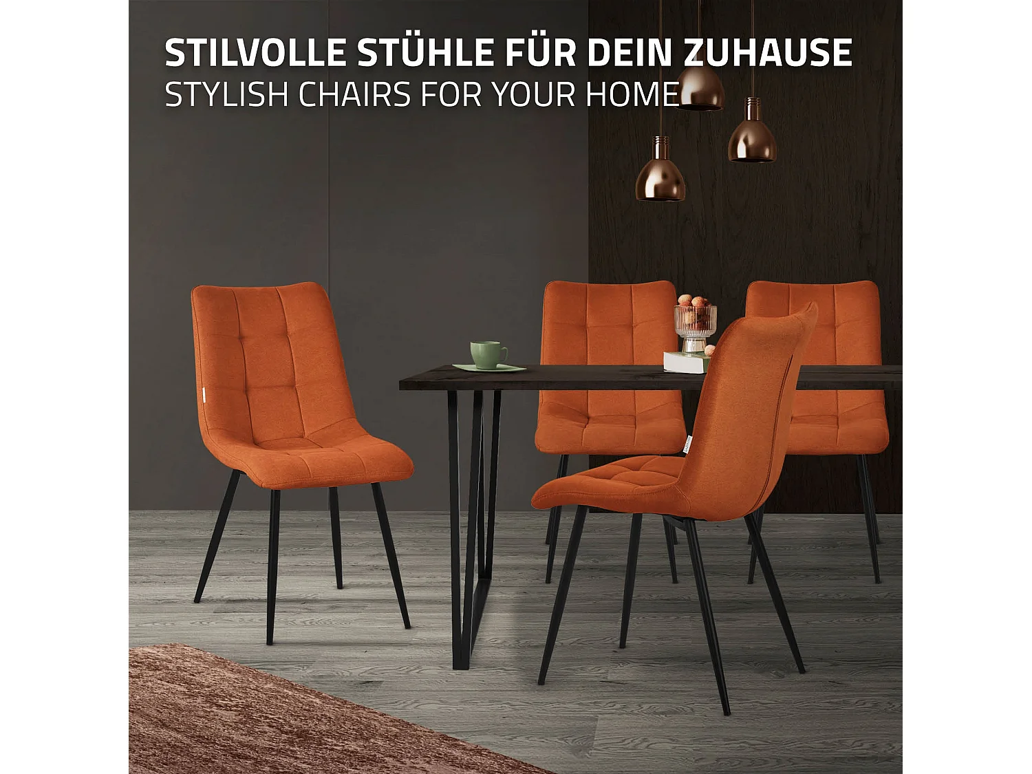 ML-Design Sedia da pranzo set di 4 pezzi arancione, Sedia da salotto con rivestimento in tessuto e gambe in metallo nero