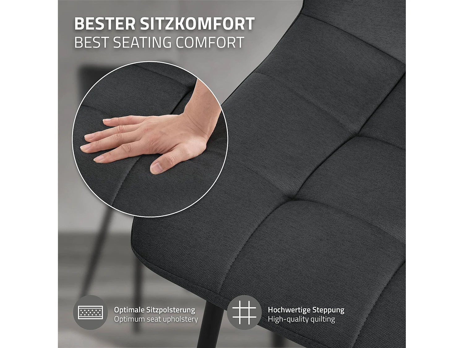 ML-Design 4x Sillas de comedor antracita asiento acolchado tapizado funda de tela suave con respaldo sillón con patas de acero para oficina