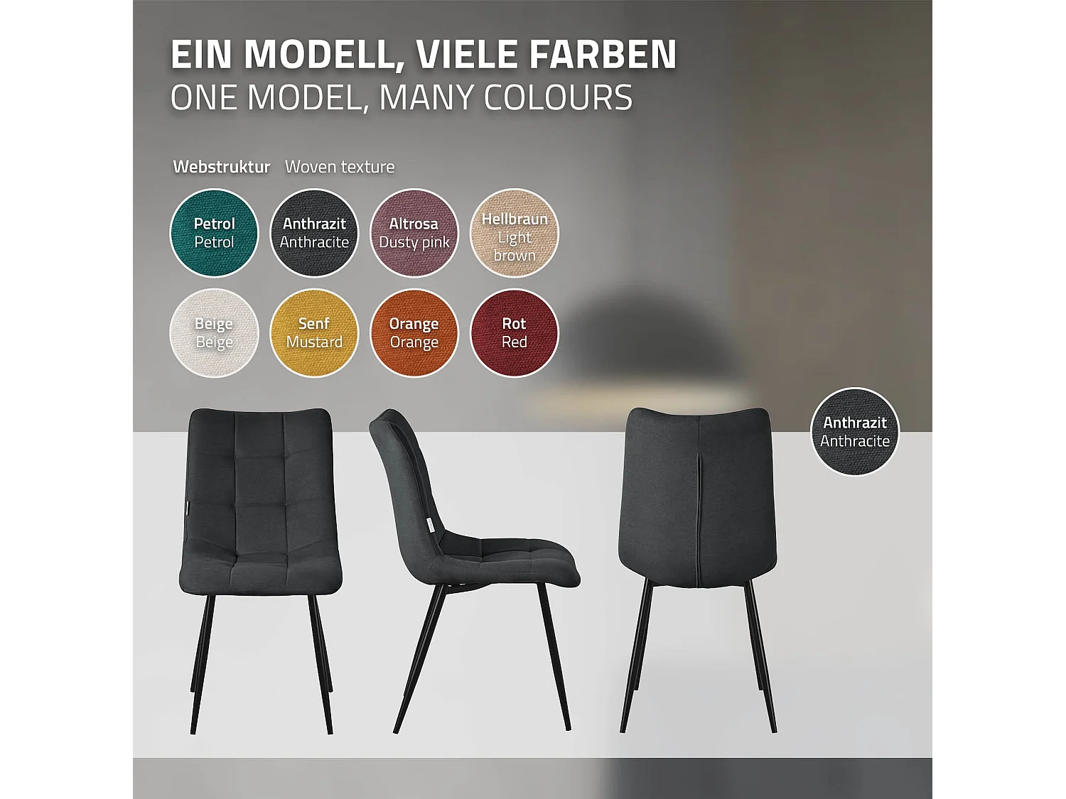 ML-Design 4x Sillas de comedor antracita asiento acolchado tapizado funda de tela suave con respaldo sillón con patas de acero para oficina