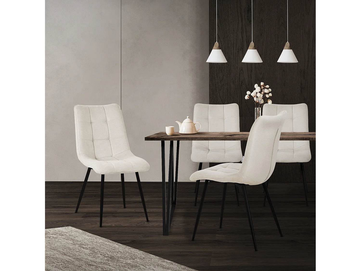 ML-Design Set di 4 sedie da pranzo Beige, Sedia da salotto con rivestimento in tessuto e gambe in metallo nero