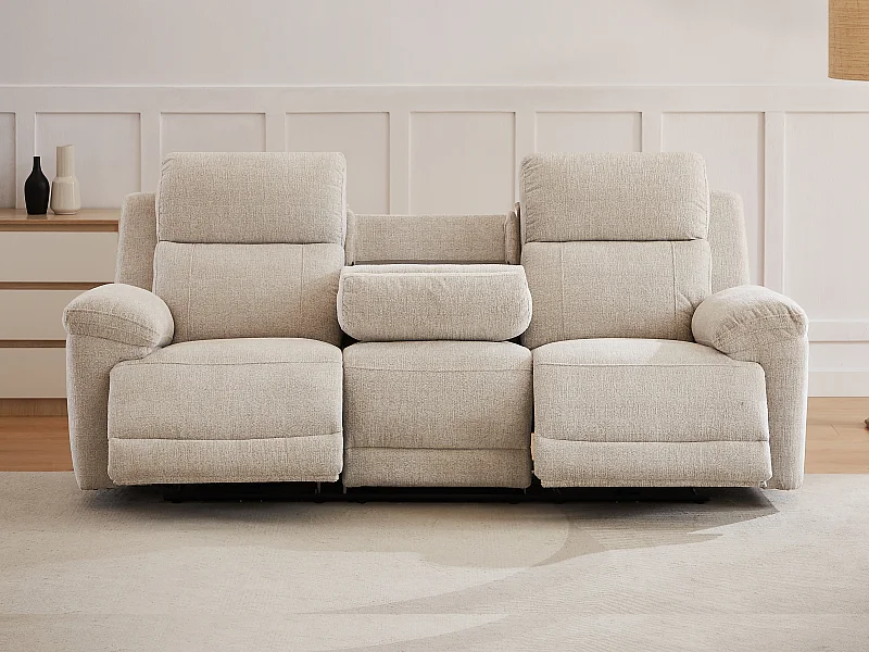 Kanapa 3-osobowa z elektryczną funkcją relax, stoliczkiem i beżową melanżową tapicerką - KELUNO