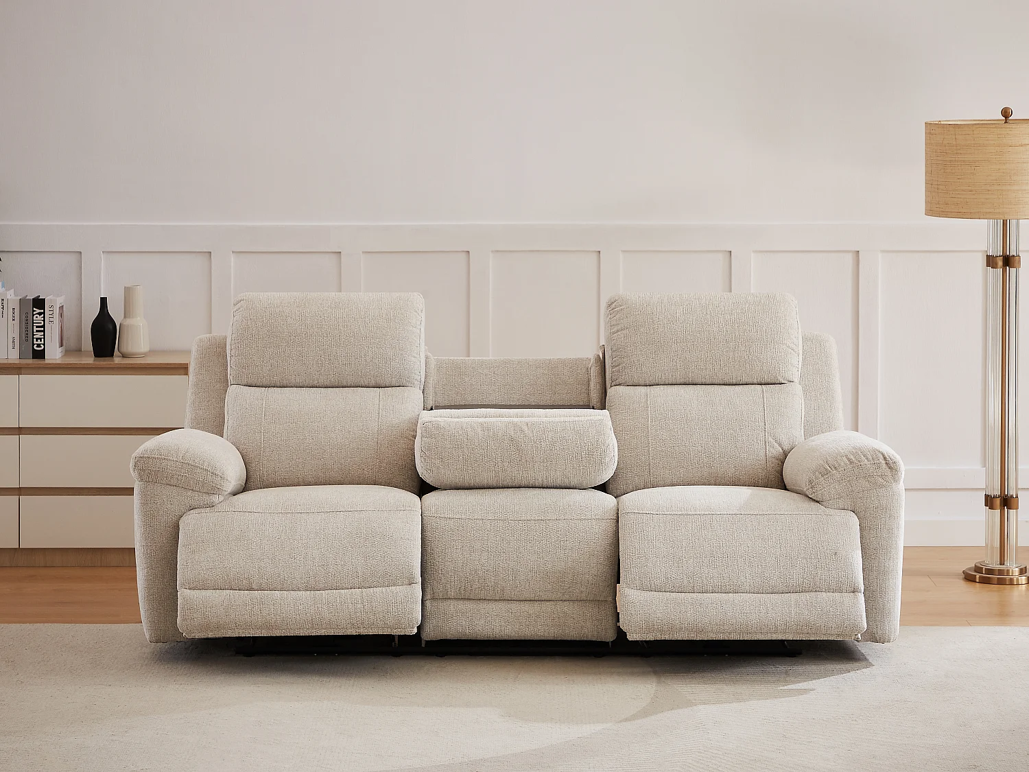 3-sits soffa med elektrisk avslappningsfunktion och bricka i melerat beige tyg KELUNO