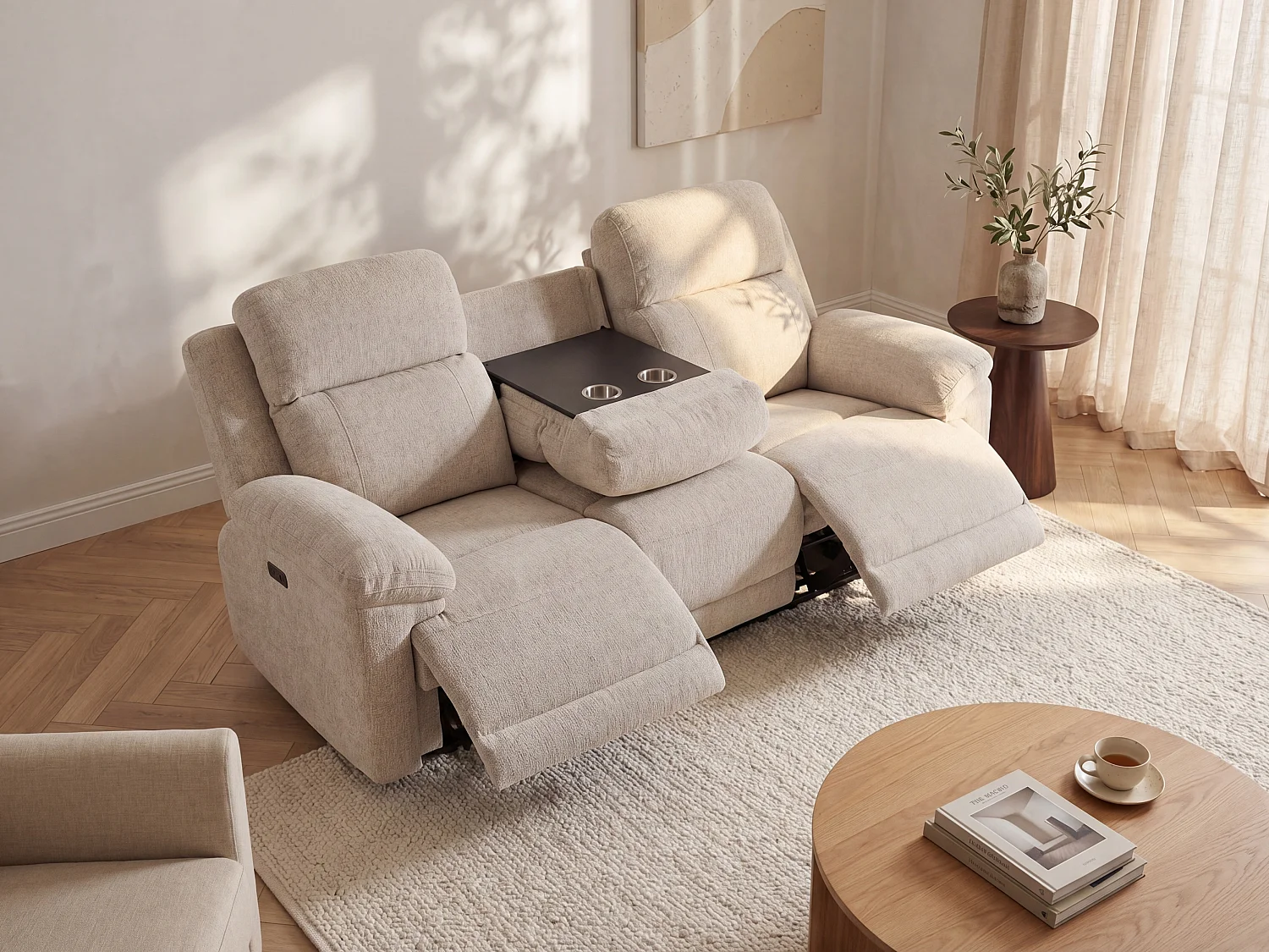 Canapé 3 places relax électrique avec tablette en tissu chiné beige KELUNO