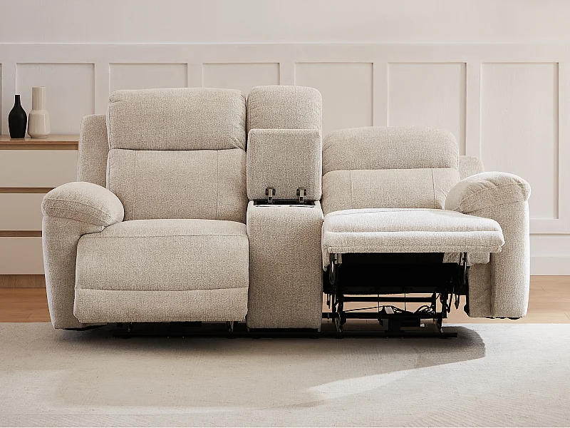 Canapé 2 places relax électrique avec tablette en tissu chiné beige KELUNO