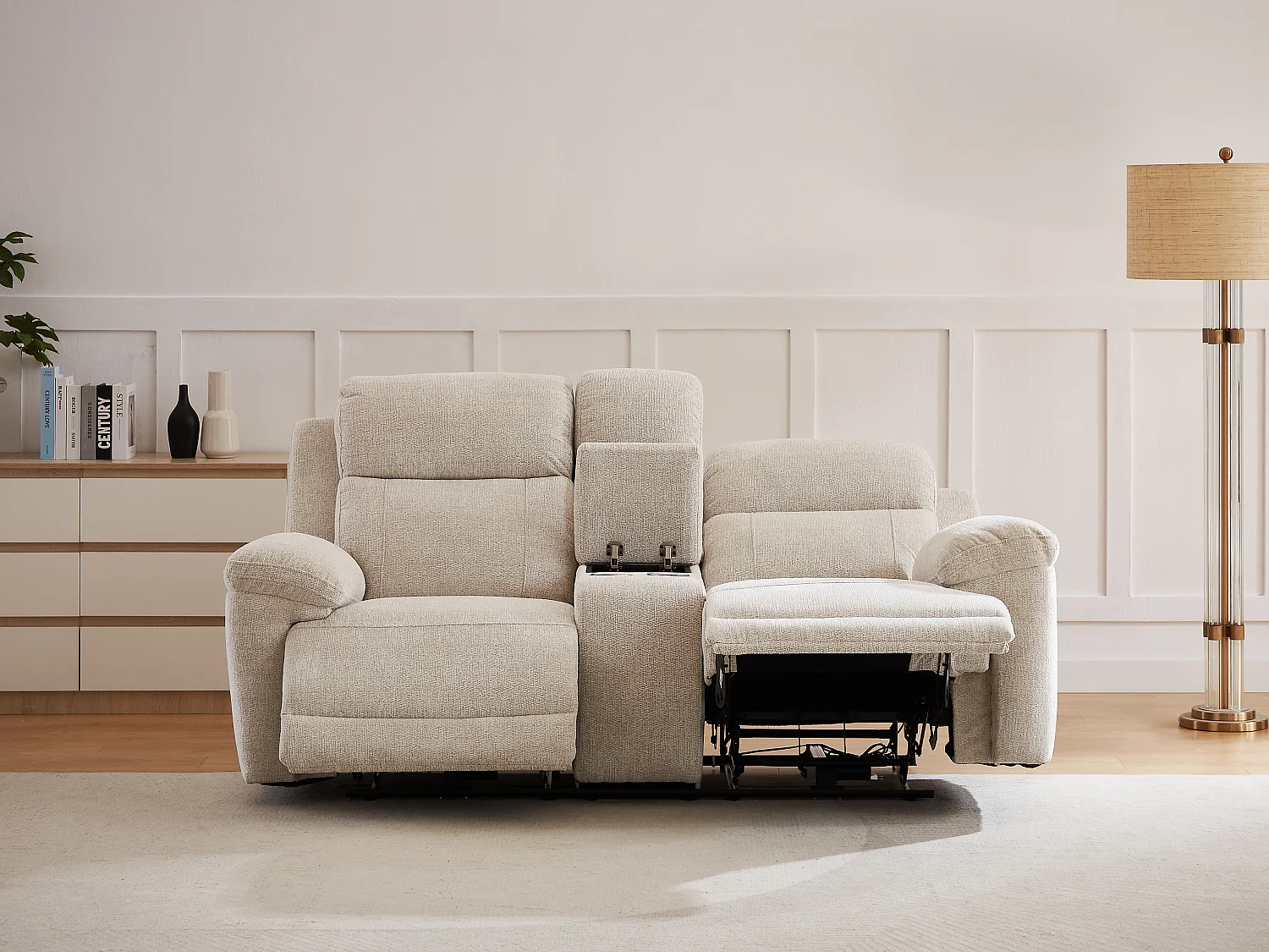 Canapé 2 places relax électrique avec tablette en tissu chiné beige KELUNO
