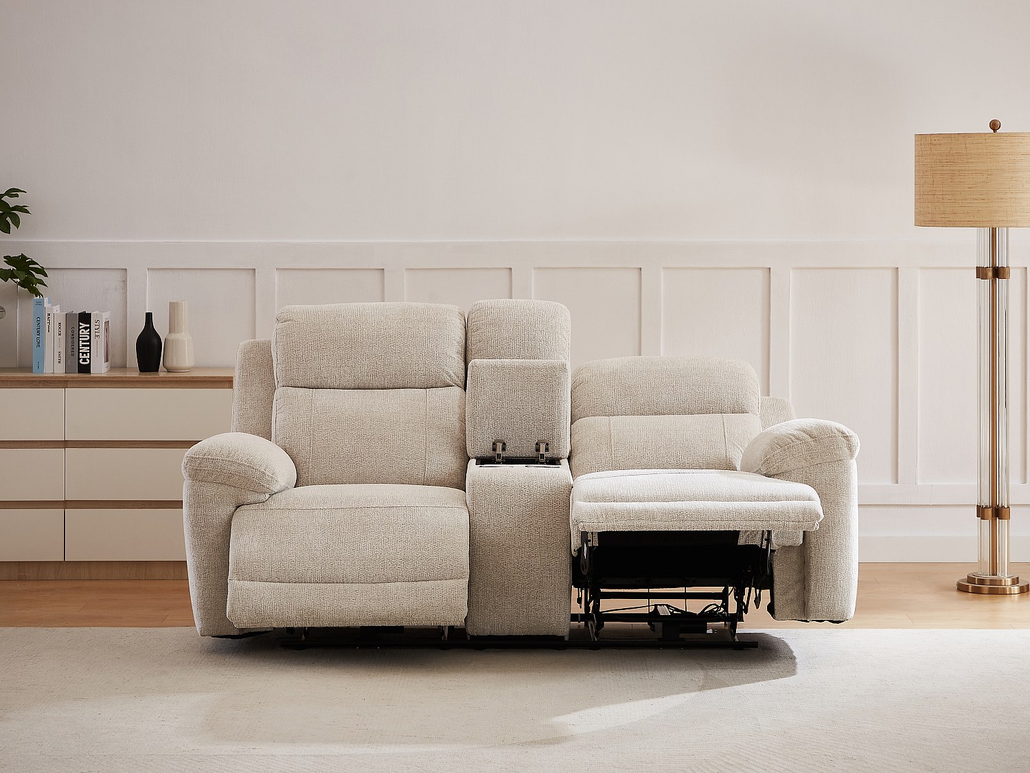 Relaxsofa elektrisch 2-Sitzer mit Ablage - melierter Stoff - Beige - KELUNO günstig online kaufen